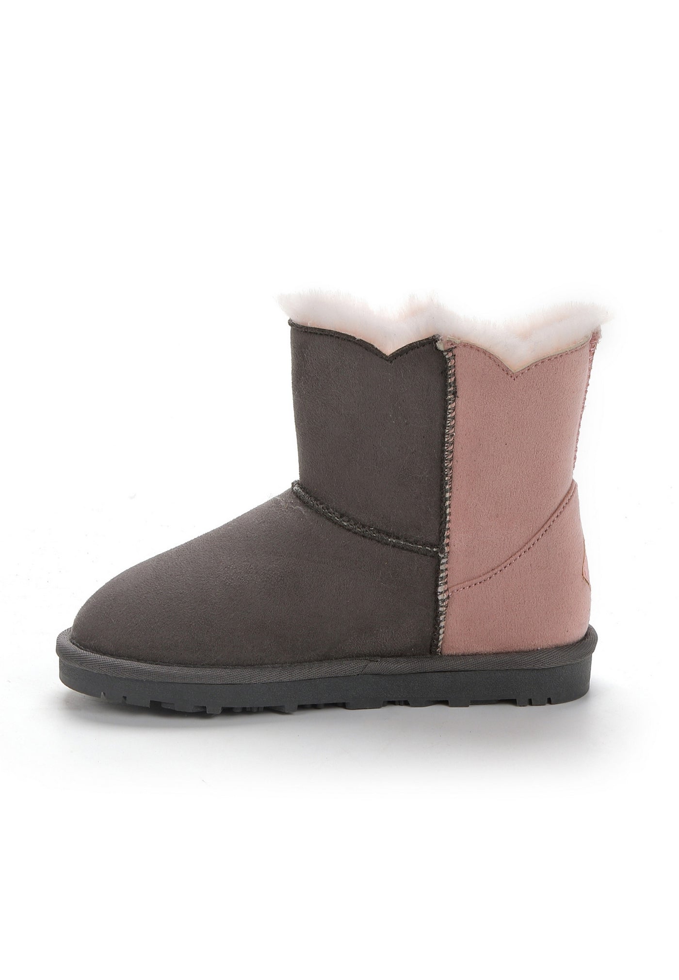 Botte fourrée enfant Milena anthracite et rose de trois-quarts, bord découpé en vague
