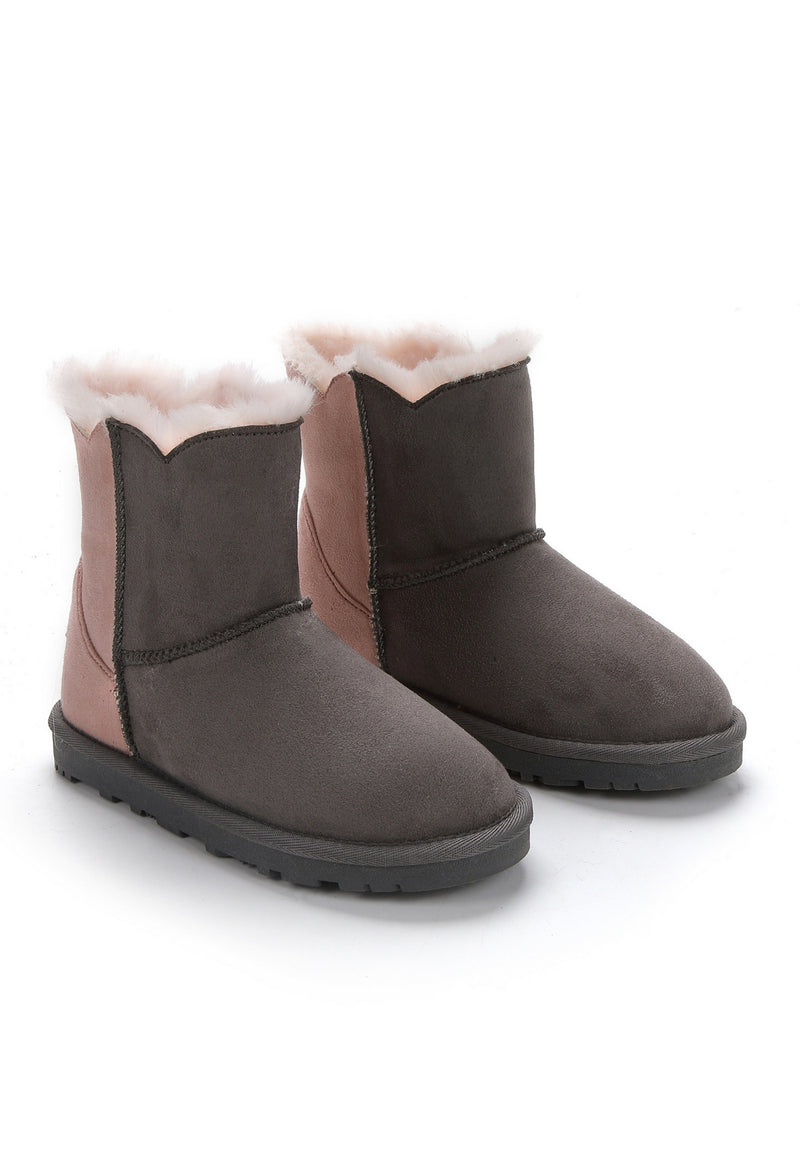 Bottes fourrées enfant Milena anthracite et rose vues de trois-quarts, tige bicolore