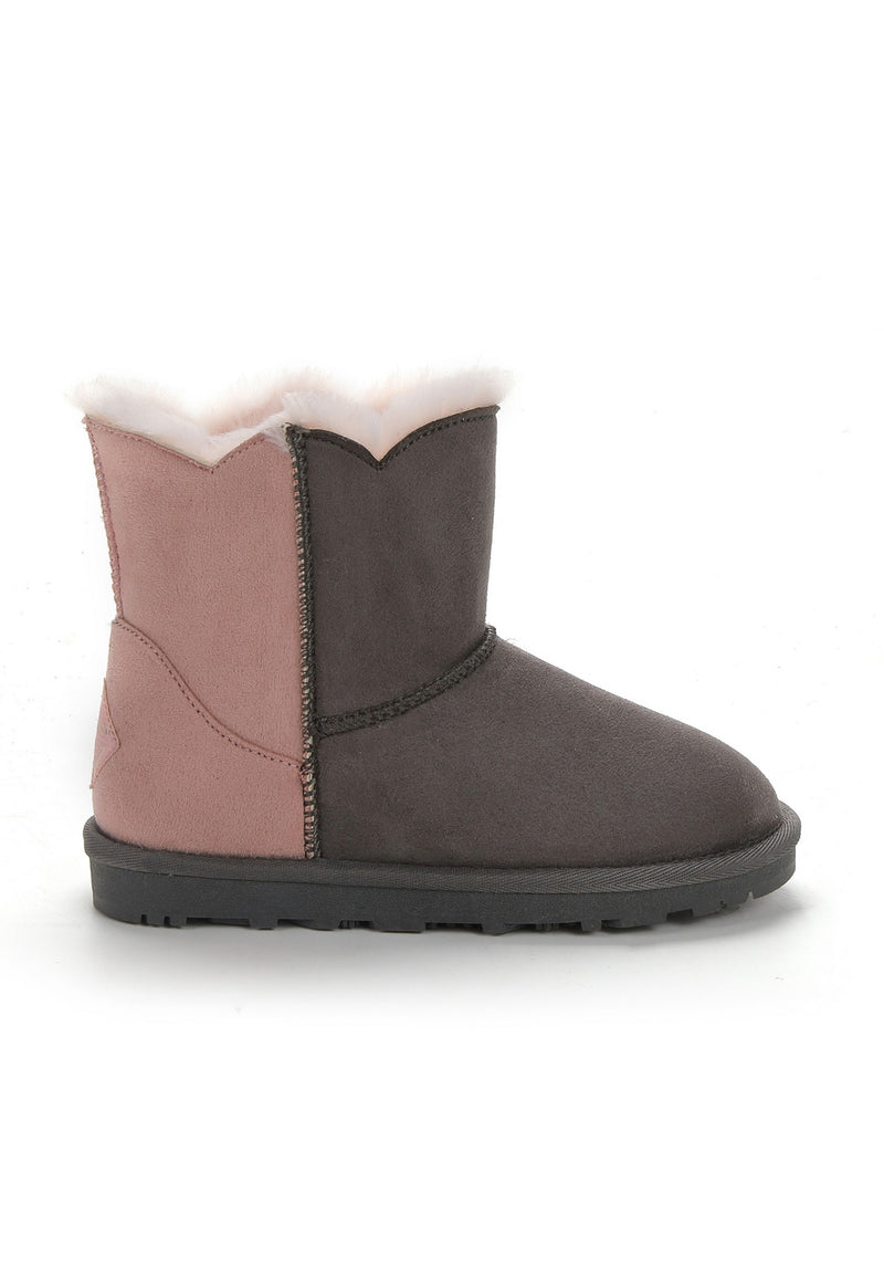 Botte fourrée enfant Milena vue de profil, panneau rose poudré et devant anthracite
