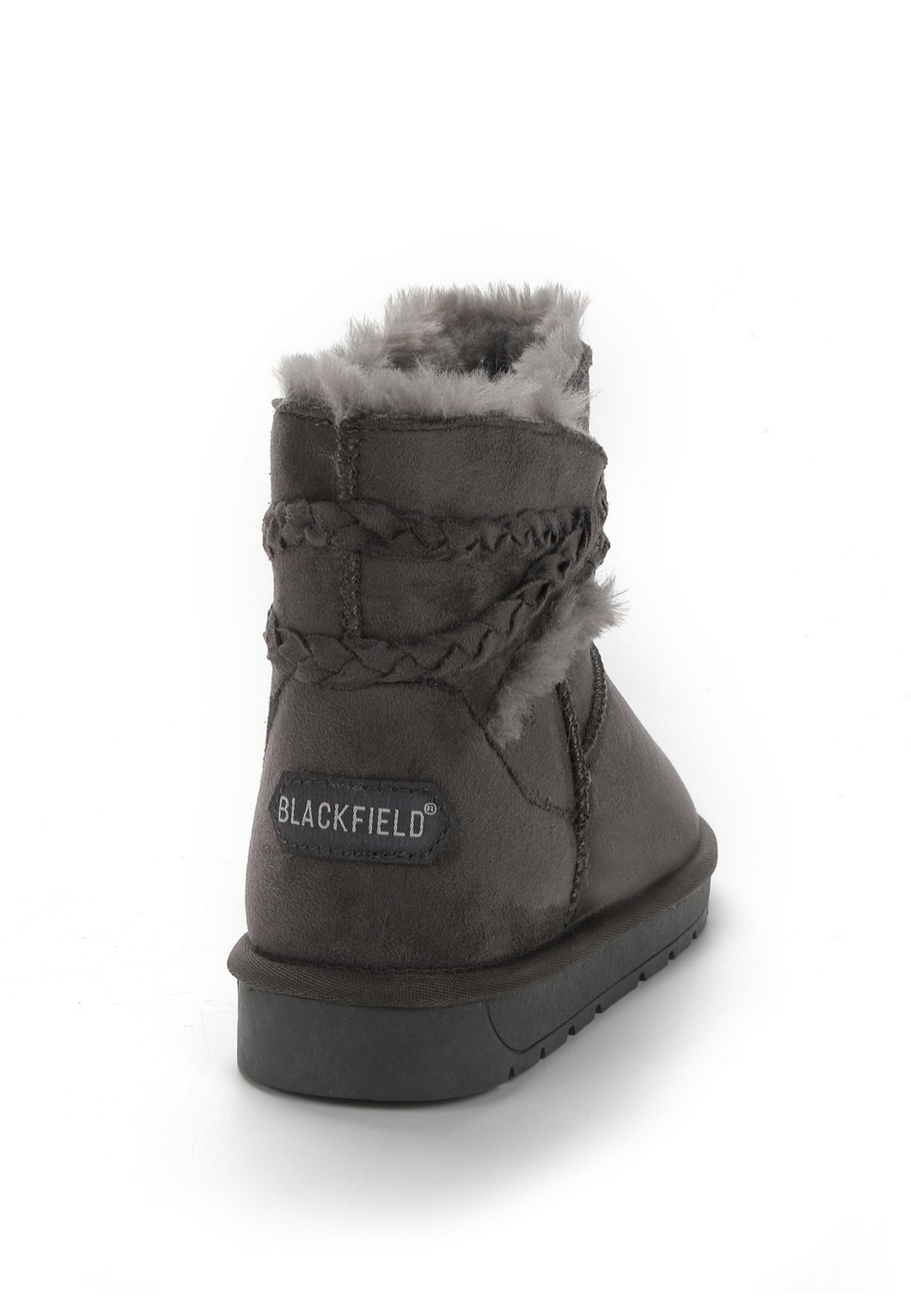 Bottine fourrée Mergie anthracite vue de dos, écusson Blackfield au talon
