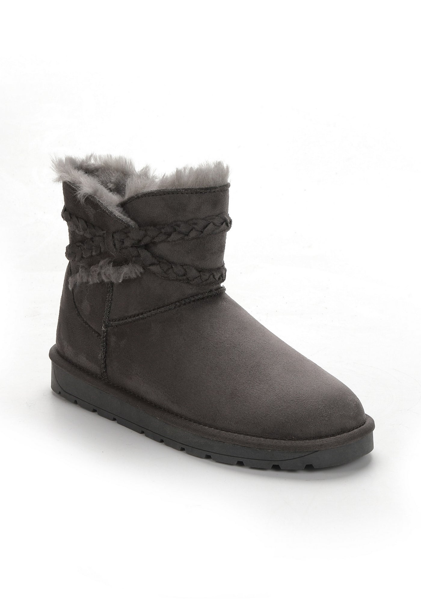 Bottine fourrée Mergie anthracite de trois-quarts, microfibre mate et semelle