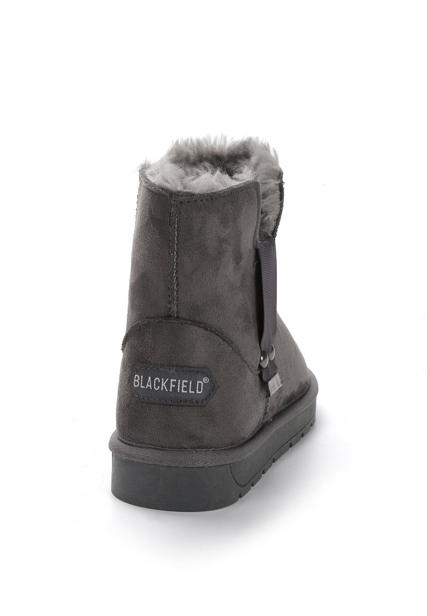 Bottine fourrée Mabia anthracite vue de dos, écusson Blackfield au contrefort