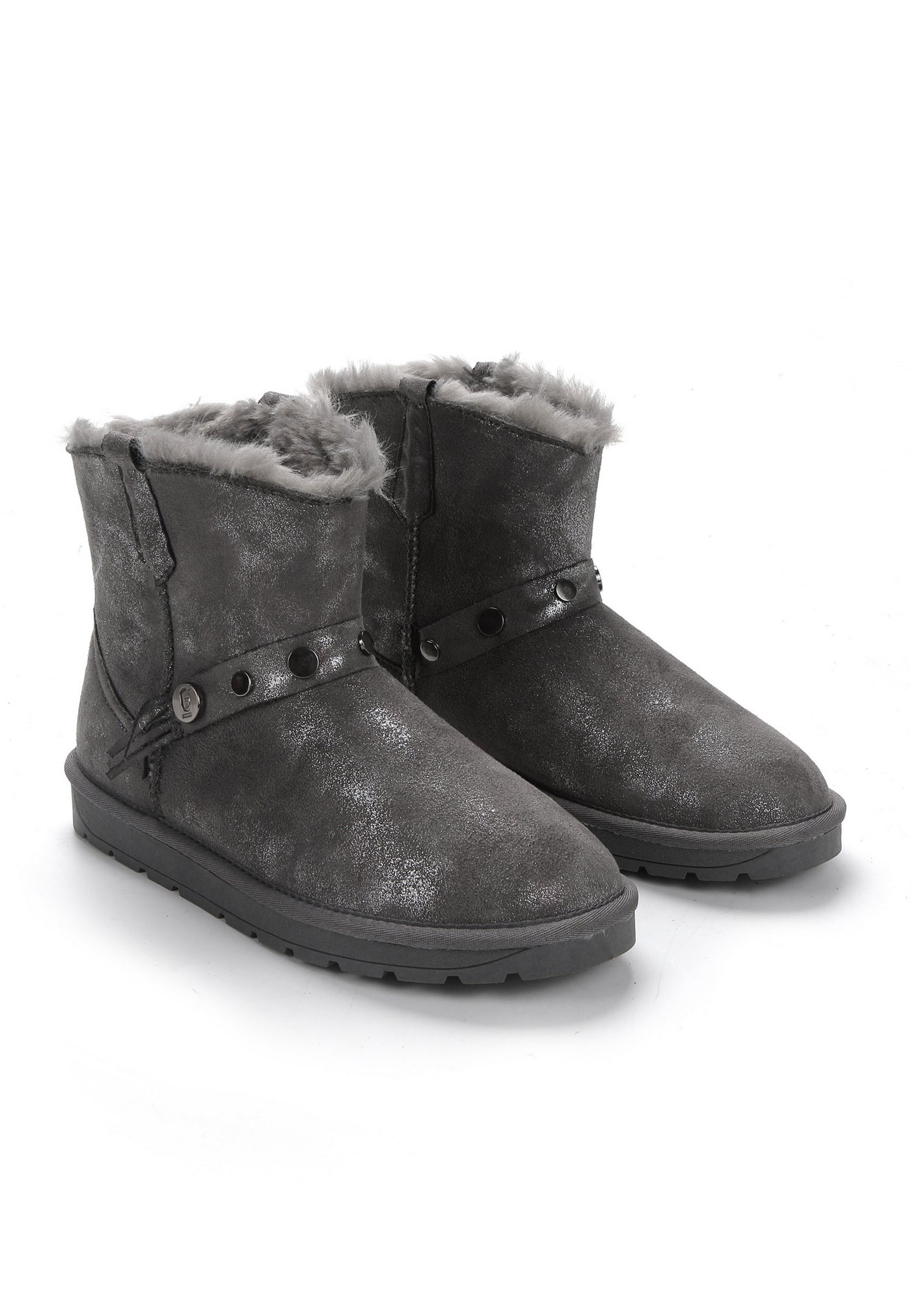 Paire de bottines fourrées Mendi anthracite de trois-quarts, bride cloutée