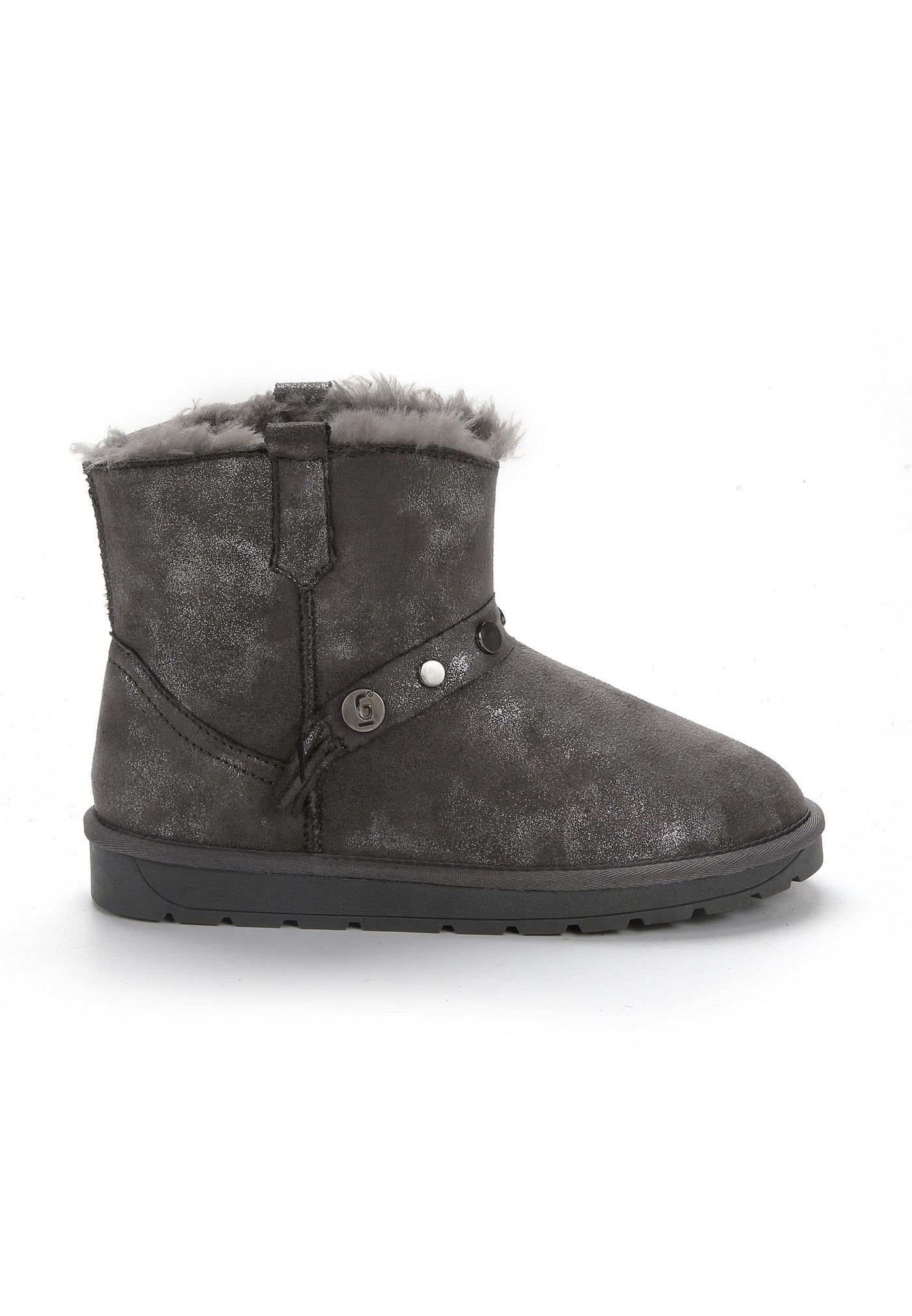 Bottine fourrée Mendi anthracite de profil, microfibre patinée et rivets ronds