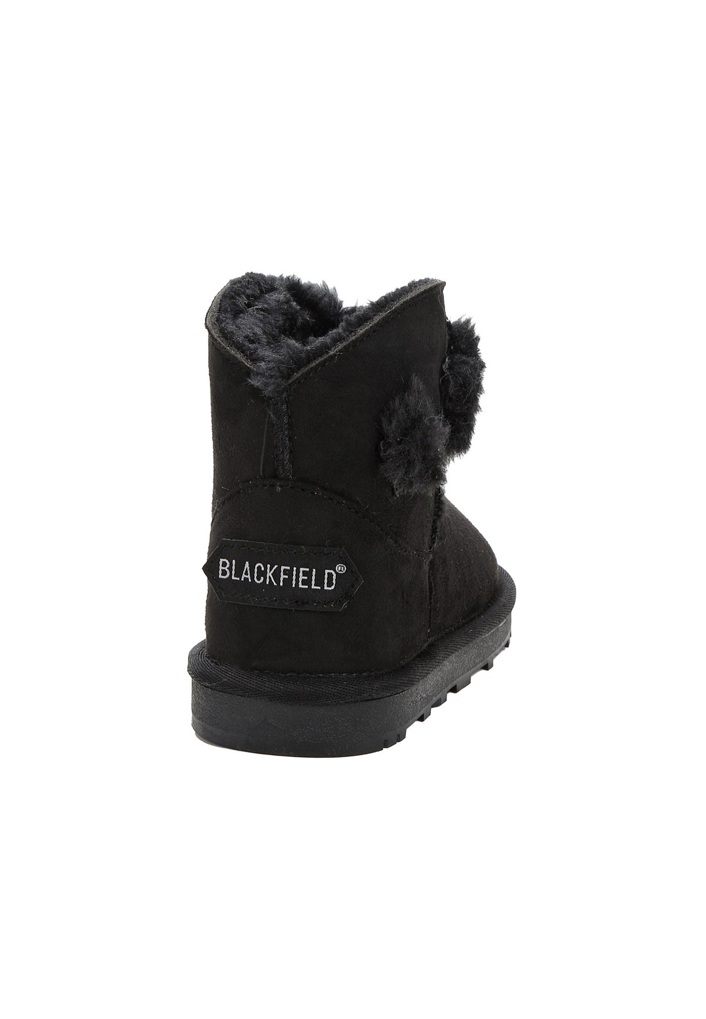 Botte fourrée enfant Esobel noire vue de dos, étiquette Blackfield sur le talon noir