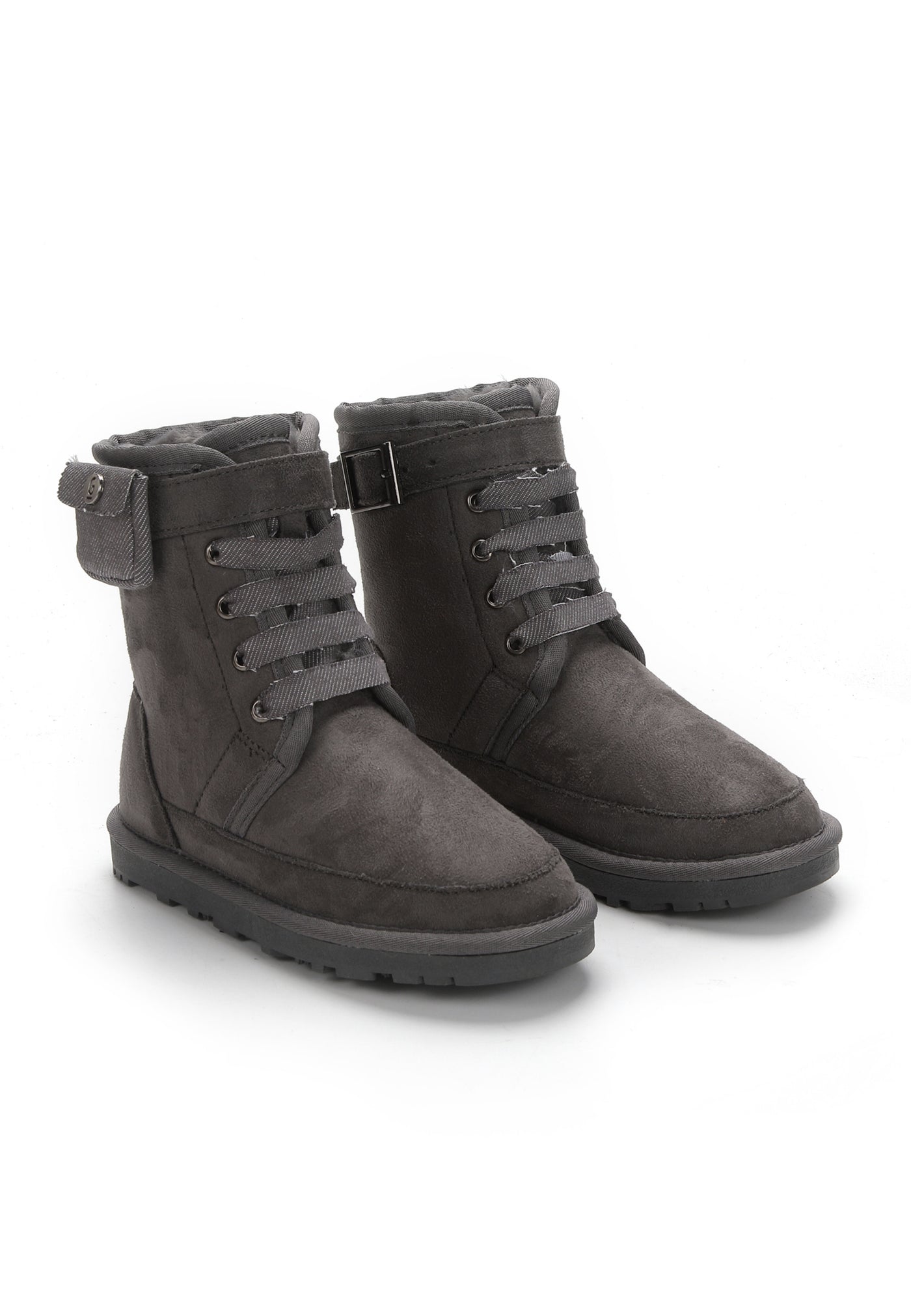 Bottes fourrées enfant Eshani anthracite vues de trois-quarts, laçage plat et boucle