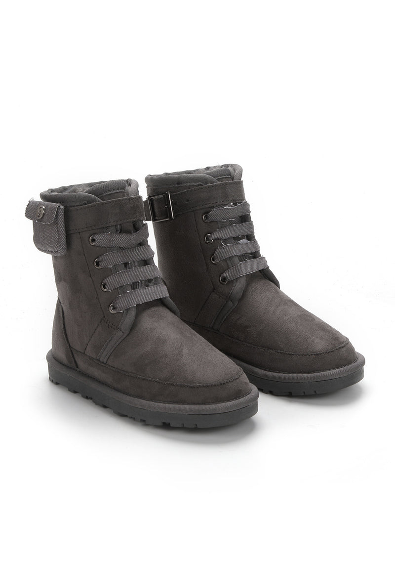Bottes fourrées enfant Eshani anthracite vues de trois-quarts, laçage plat et boucle