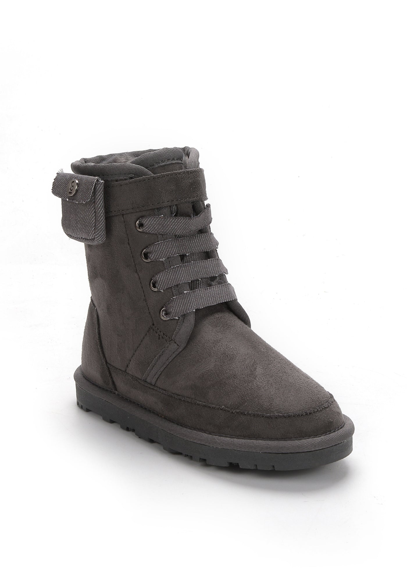 Botte fourrée enfant Eshani anthracite de trois-quarts, laçage gris sur toute la hauteur