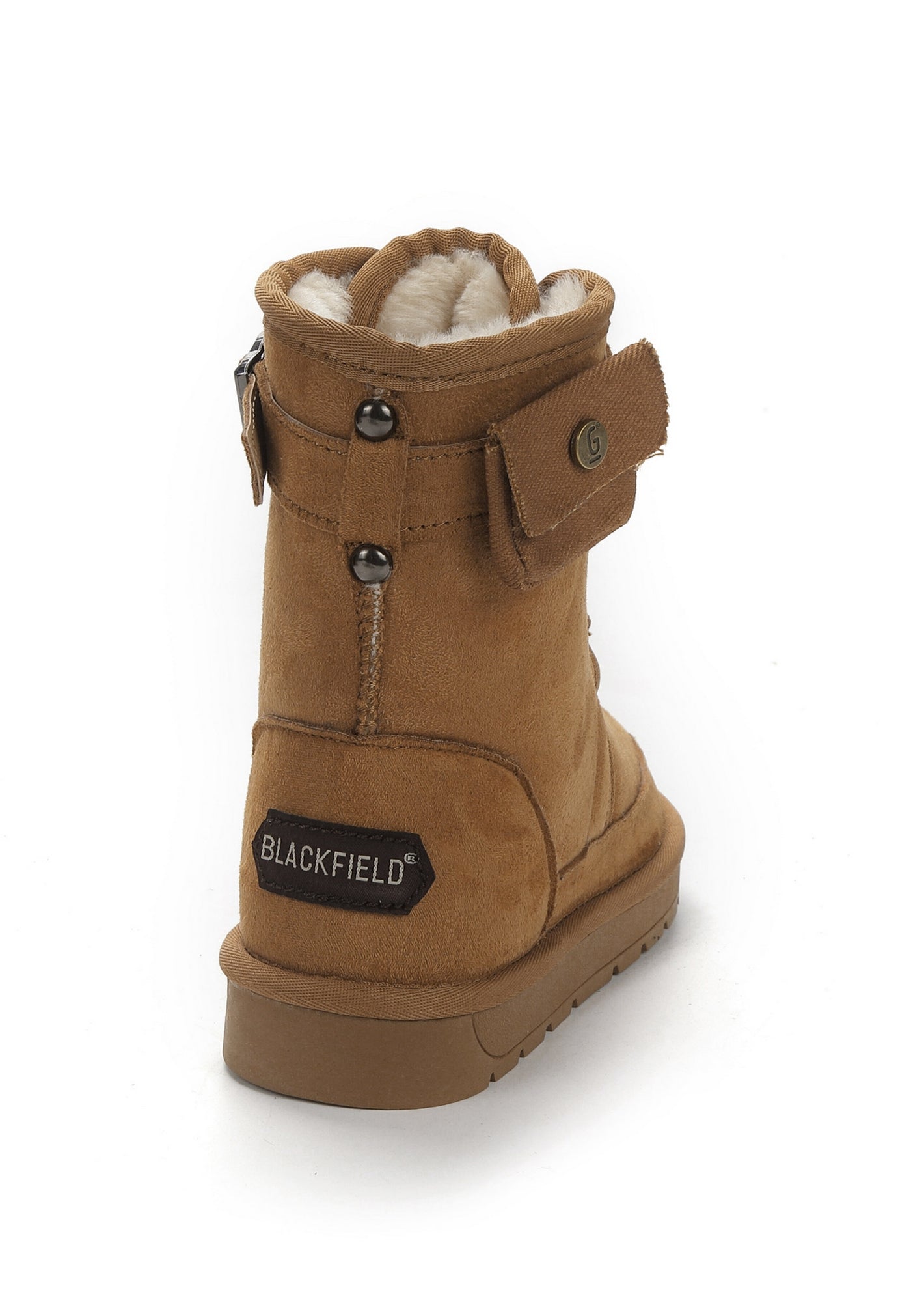 Bottine fourrée Emaan camel vue de dos, zip arrière et étiquette Blackfield noire