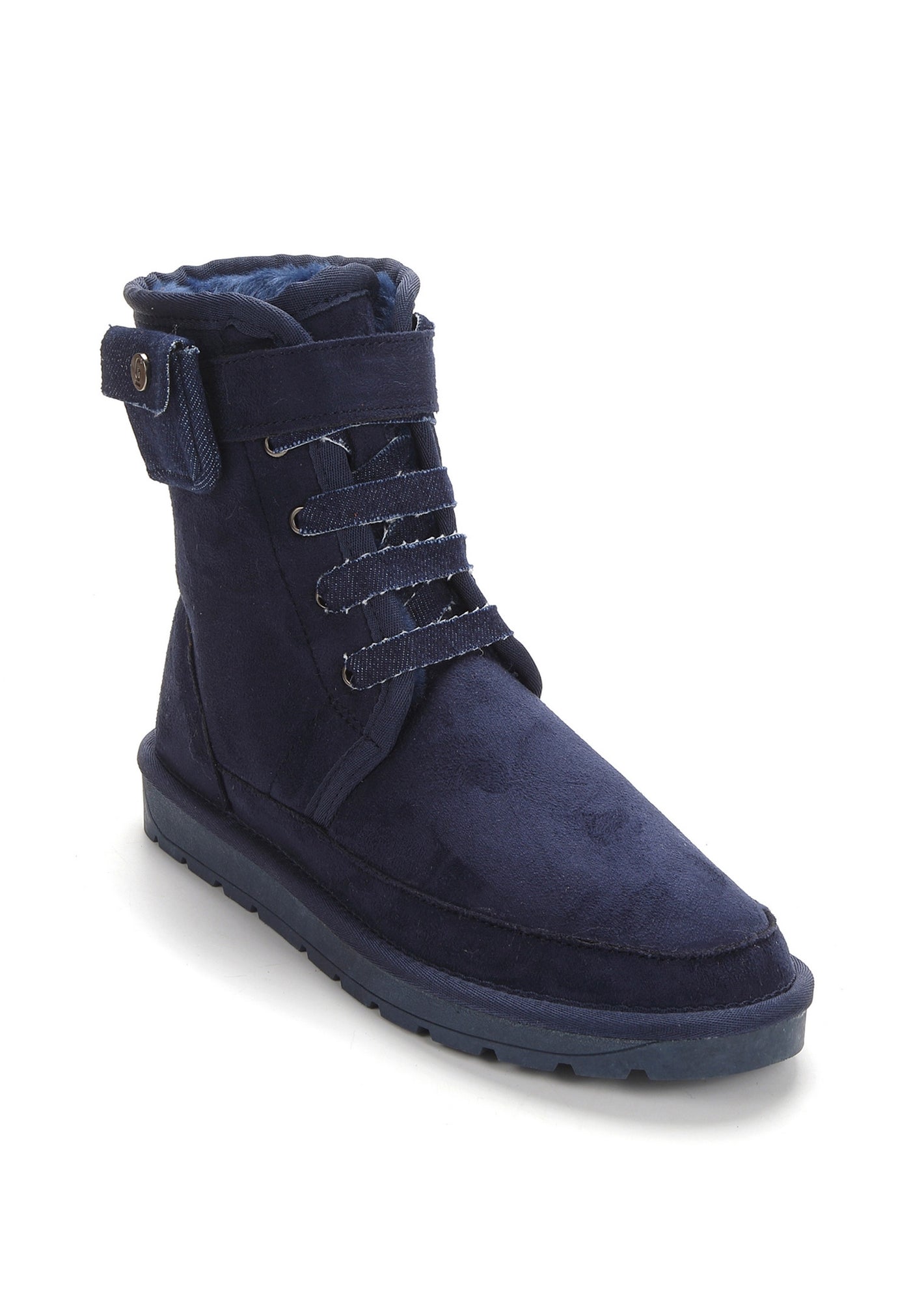 Bottine fourrée Emaan marine de trois-quarts avant, semelle crantée bleu nuit