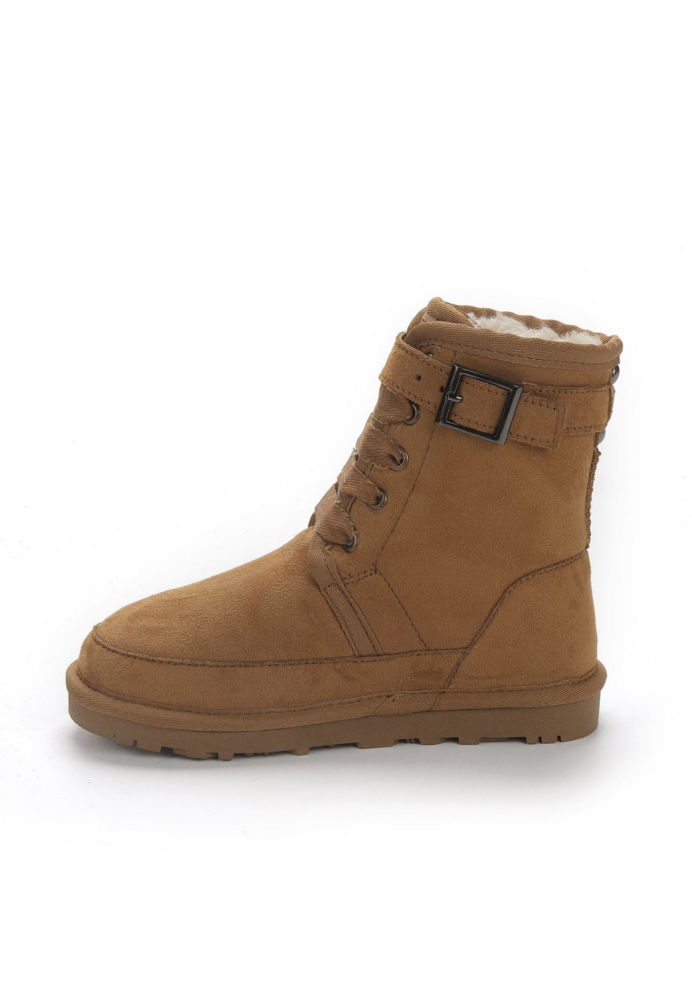 Botte fourrée Eshani camel de trois-quarts face, boucle carrée fermée sur la bride