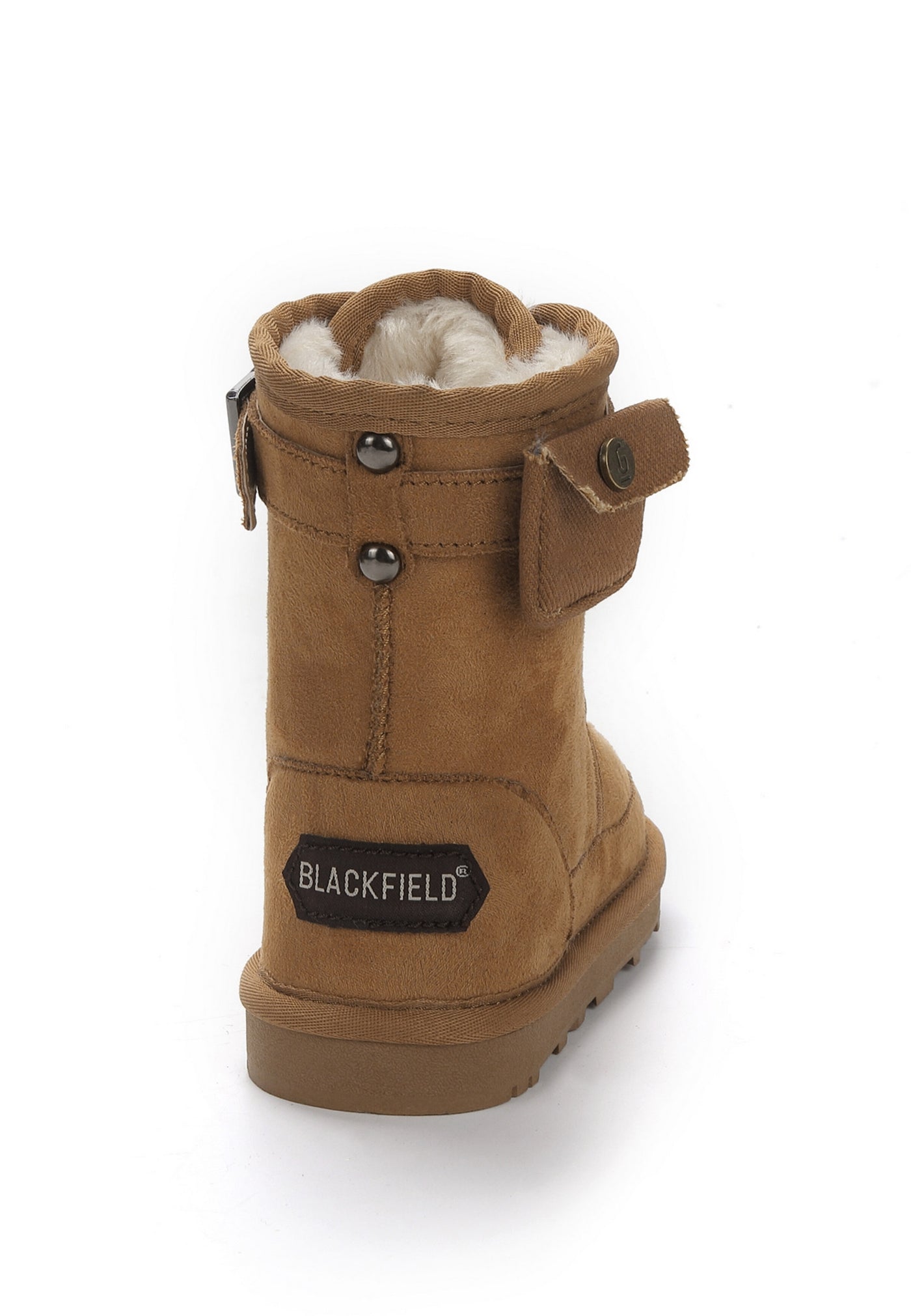 Botte fourrée Eshani camel vue de dos, étiquette Blackfield au talon et col crème