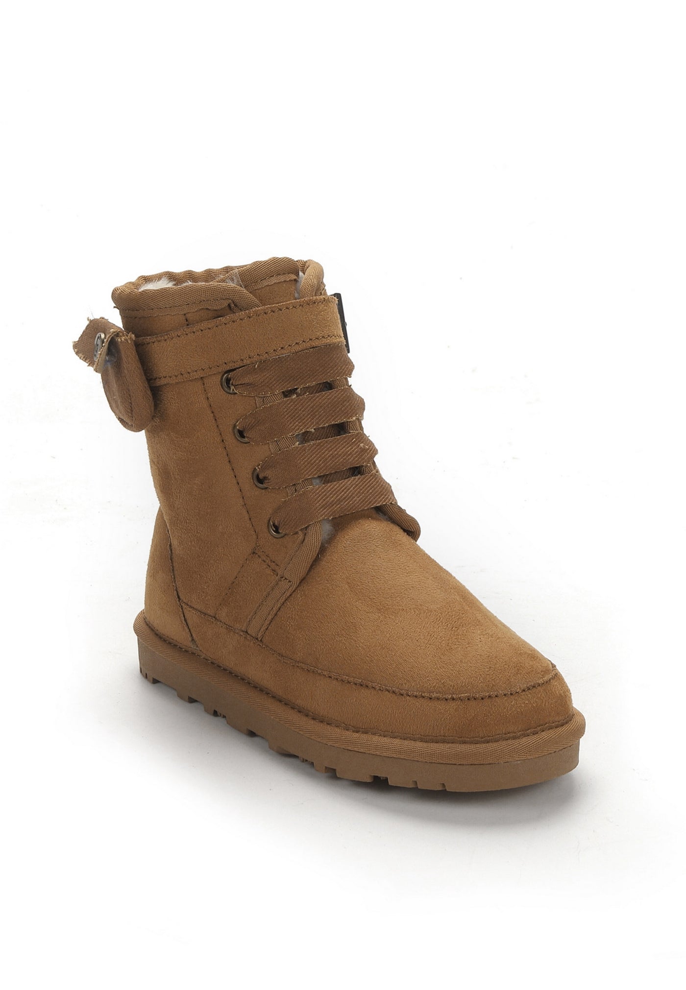 Botte fourrée Eshani camel de trois-quarts, semelle camel crantée sous le pied