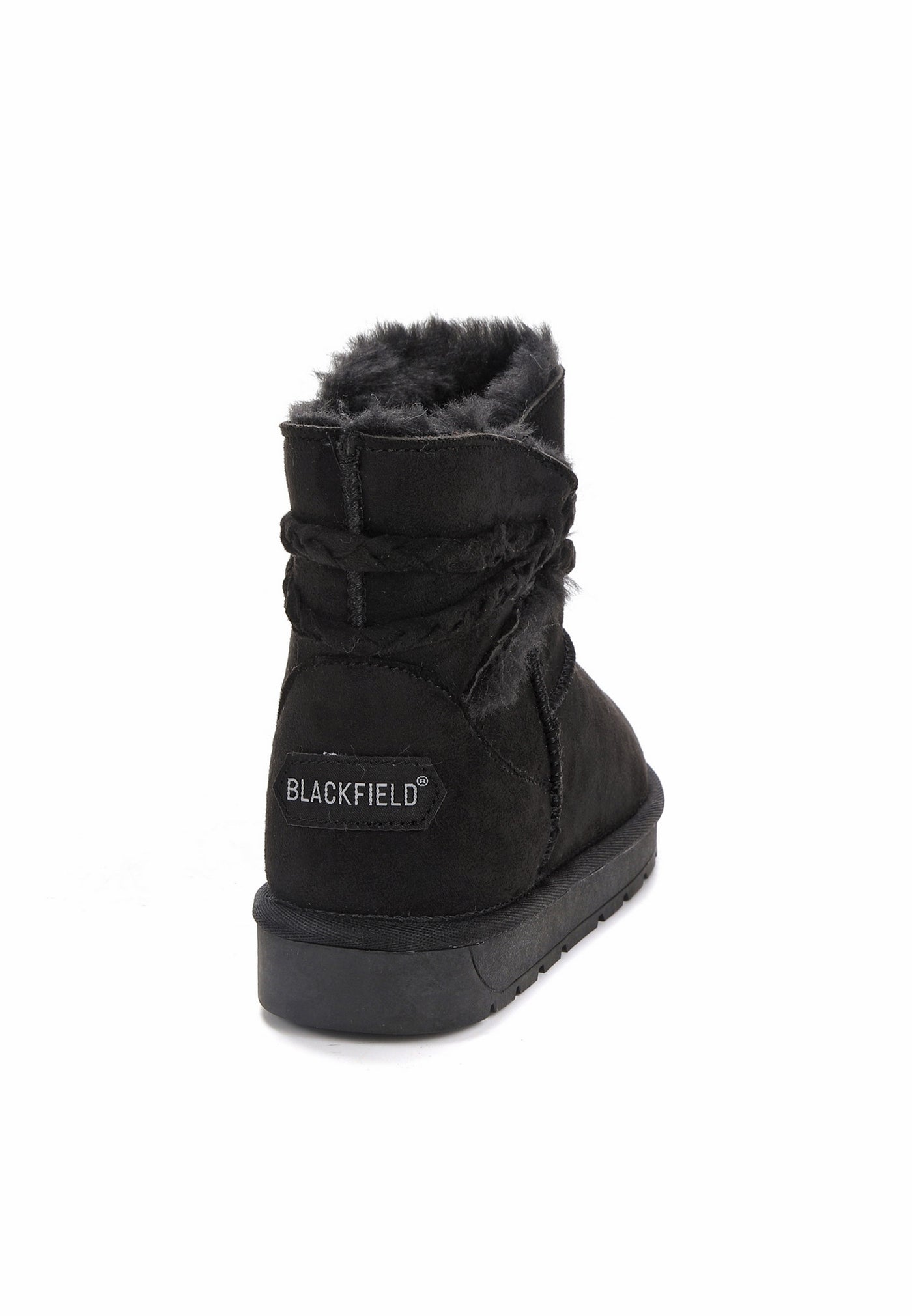 Bottine fourrée Mergie noire vue de dos, étiquette Blackfield sur le talon noir