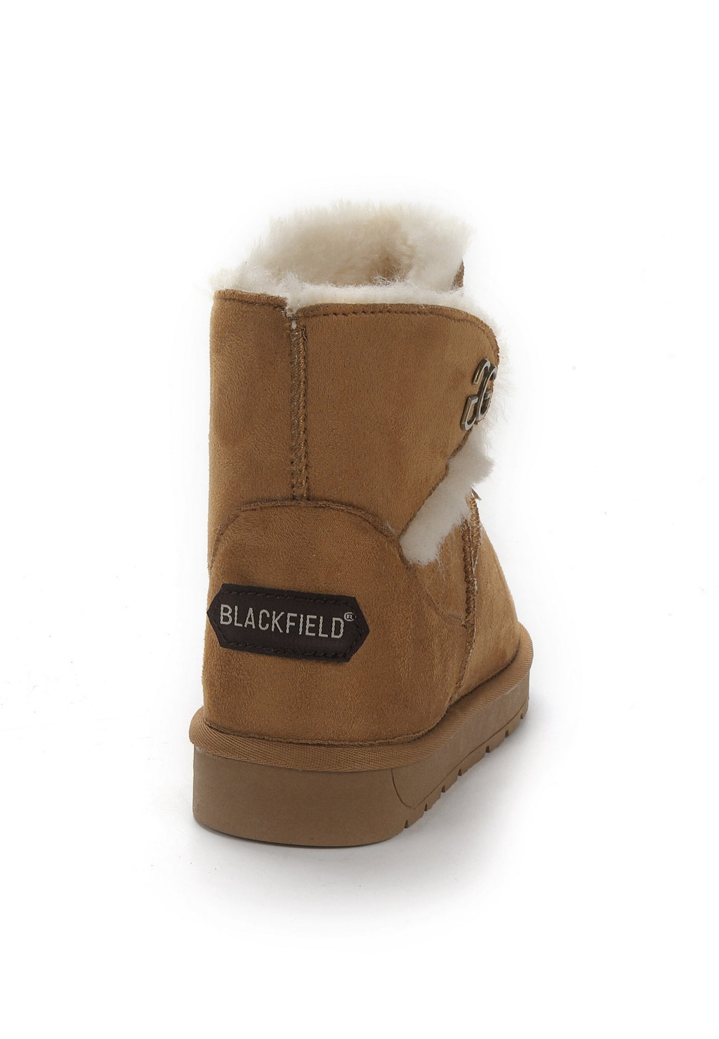Bottine fourrée Mebrela camel vue de dos, étiquette Blackfield sur le talon camel