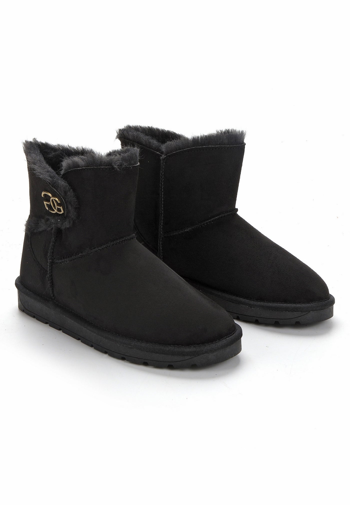 Bottines fourrées Mebrela noires en paire, monogramme doré sur le quartier gauche
