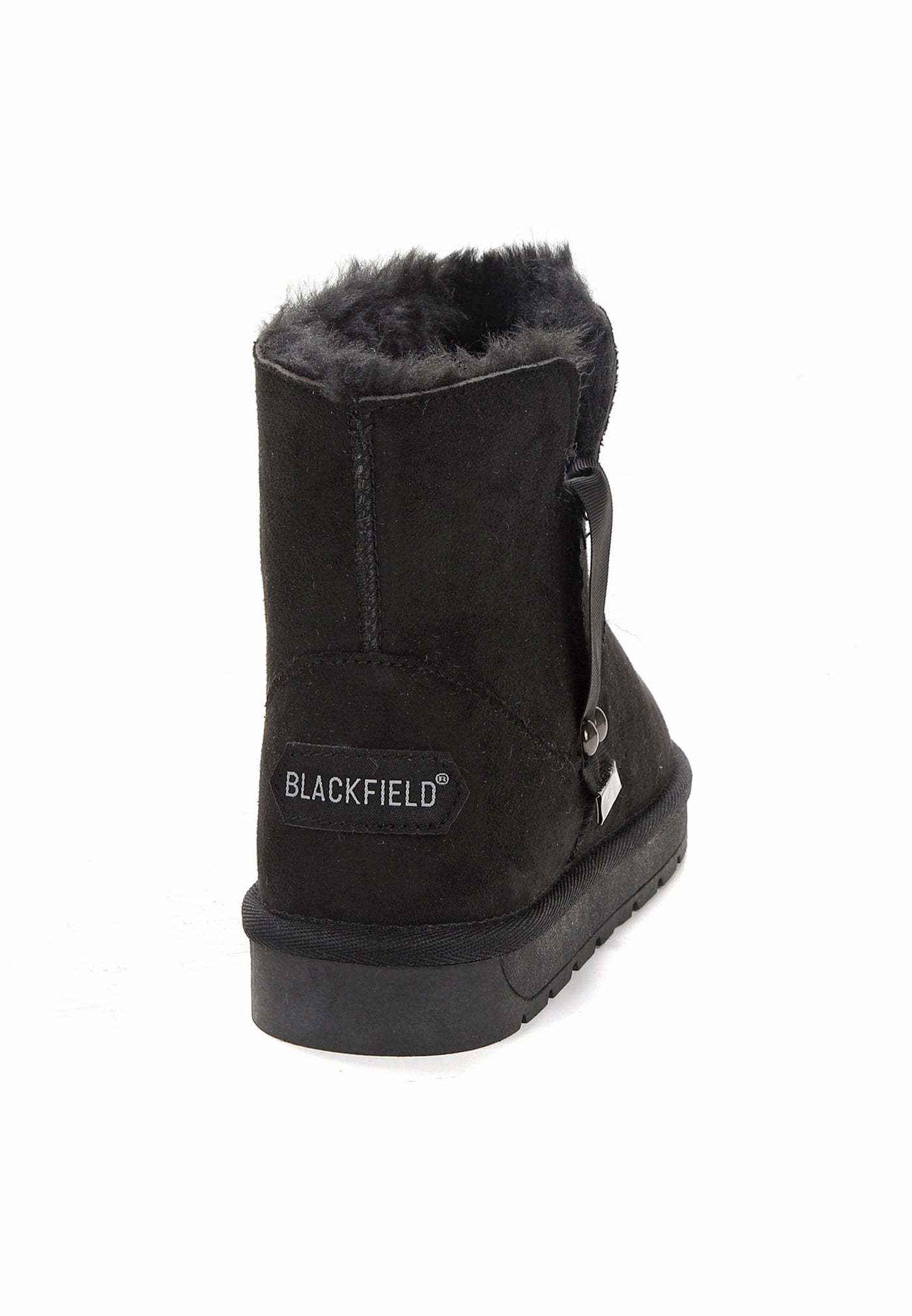 Bottine fourrée Mabia noire vue de dos, étiquette Blackfield au talon et col débordant