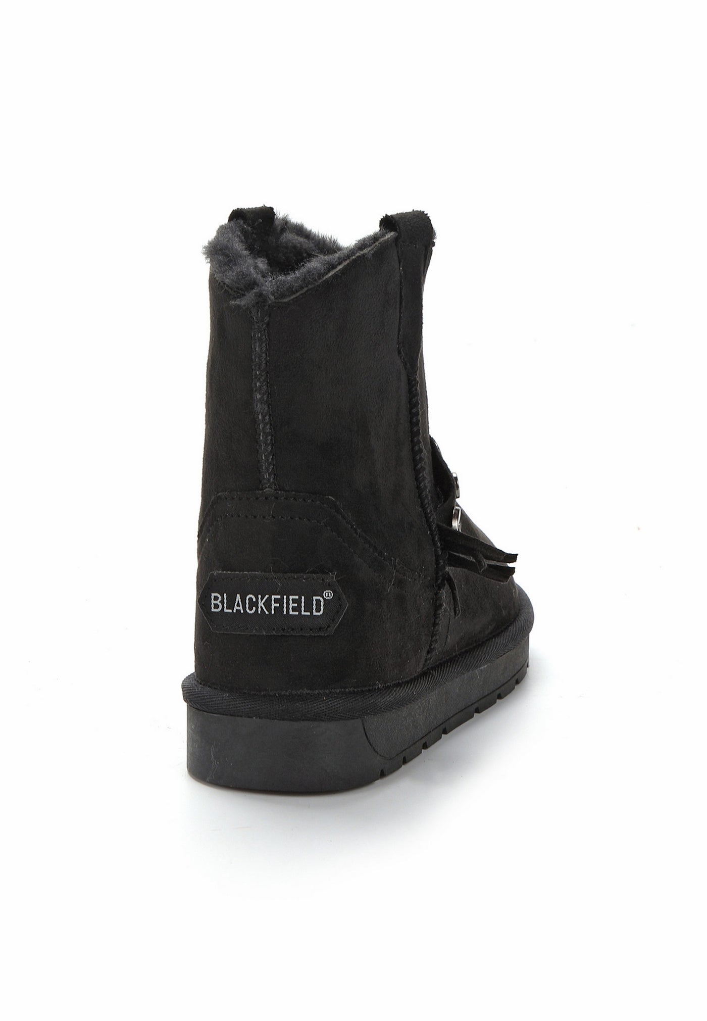 Bottine fourrée Mendi noire vue de dos, étiquette Blackfield au talon et col anthracite