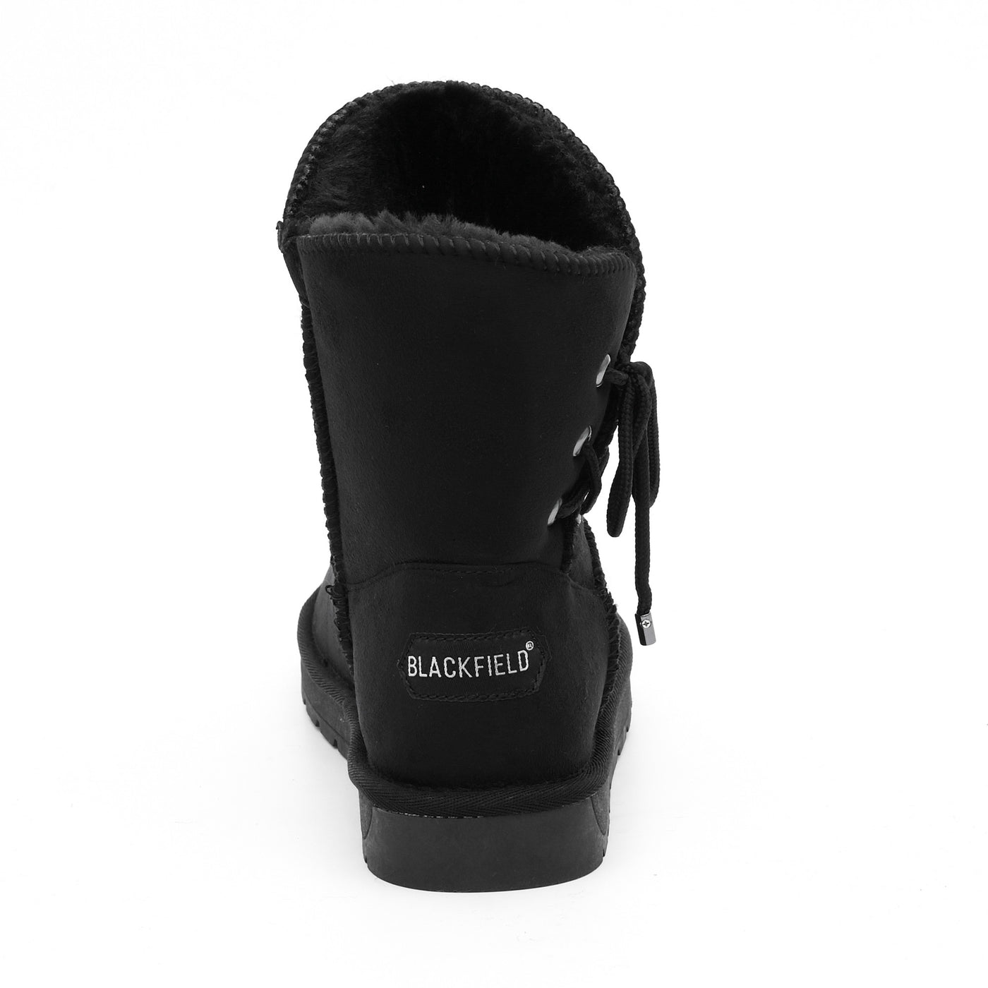 Bottine fourrée Asha noire vue de dos, écusson BLACKFIELD blanc cousu au talon