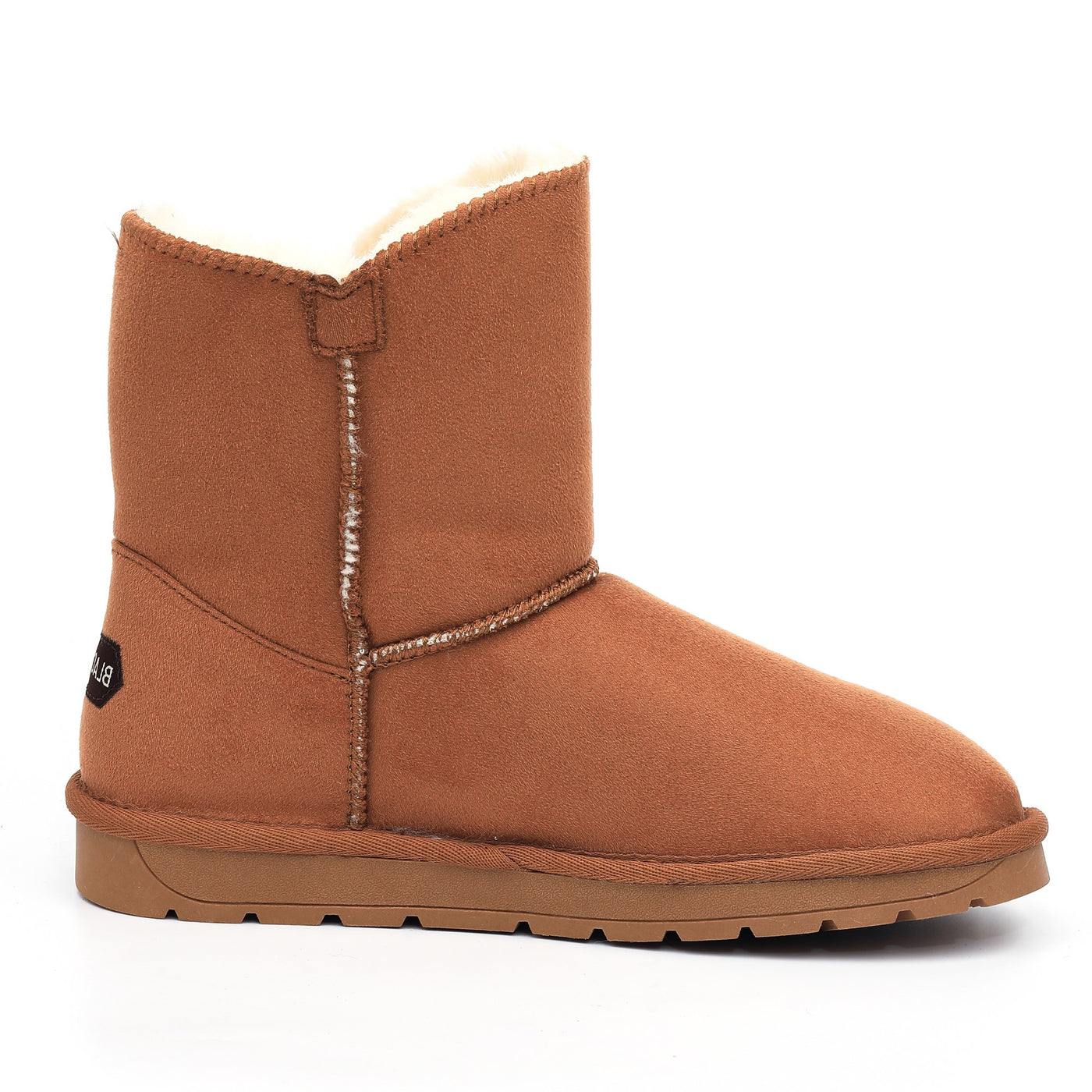 Bottine fourrée Asha camel vue de l'autre côté, couture verticale et étiquette noire