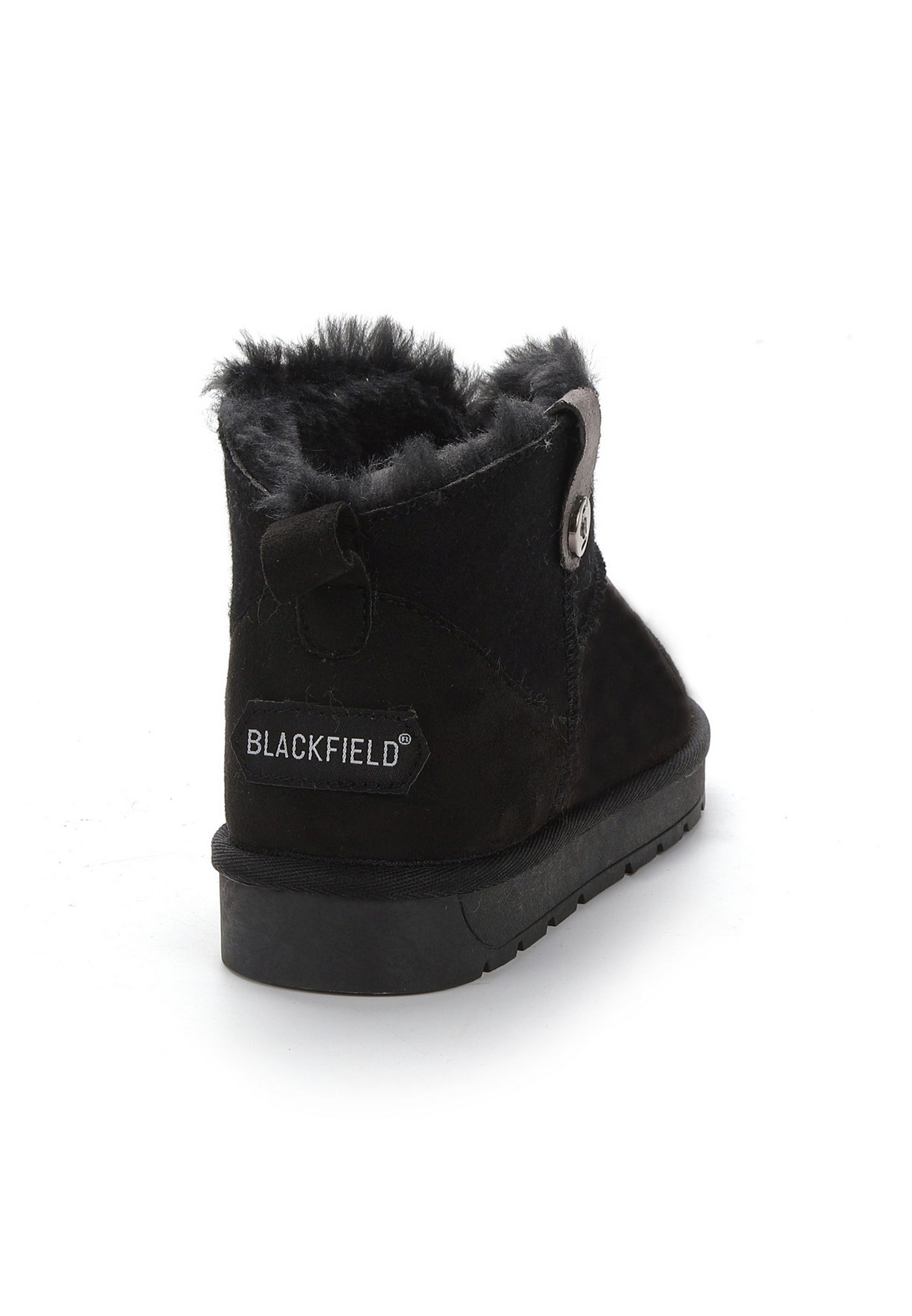Bottine fourrée Efza noire de dos, écusson Blackfield clair au contrefort