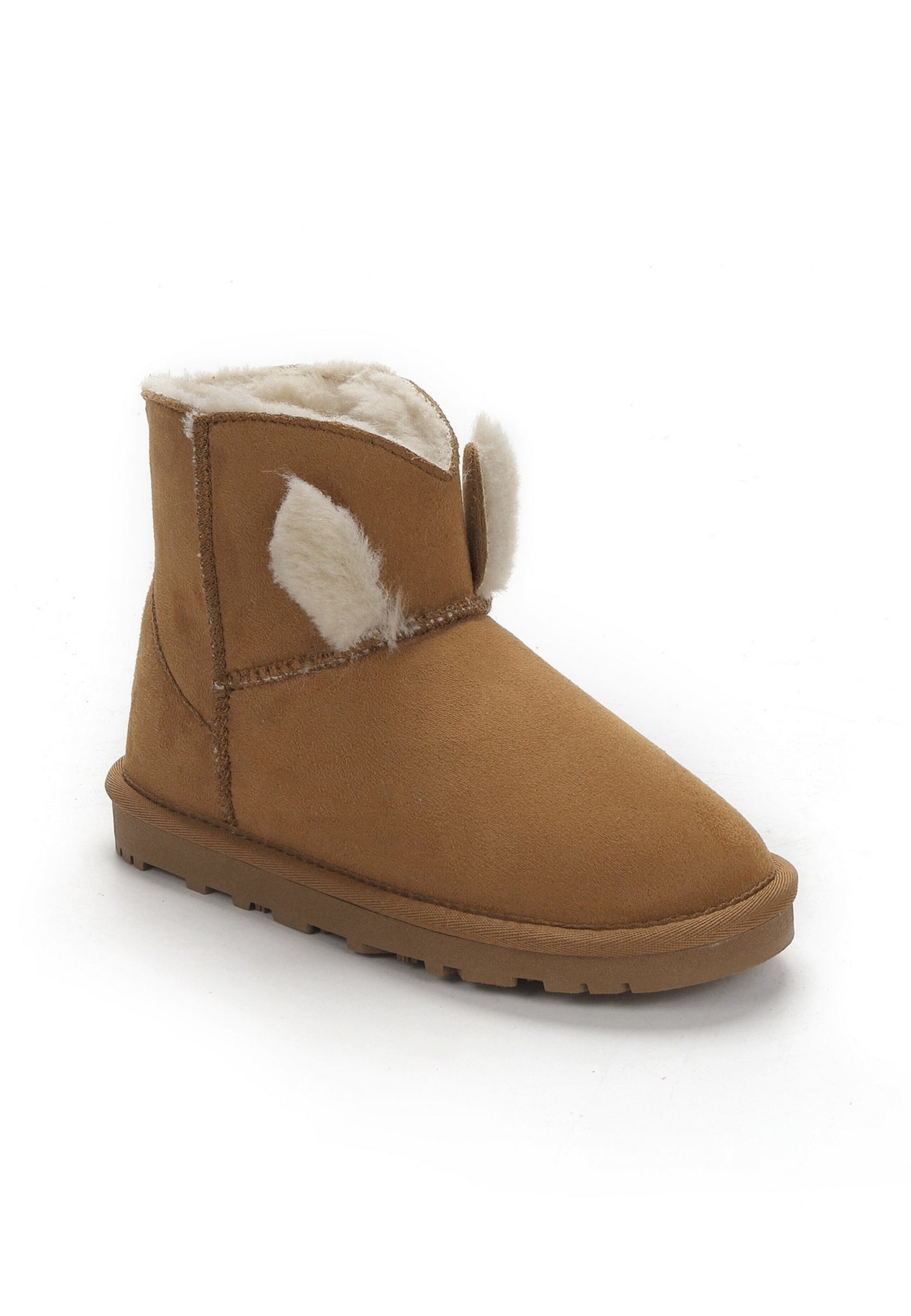 Botte fourrée enfant Must camel de trois-quarts, doublure crème débordant du bord