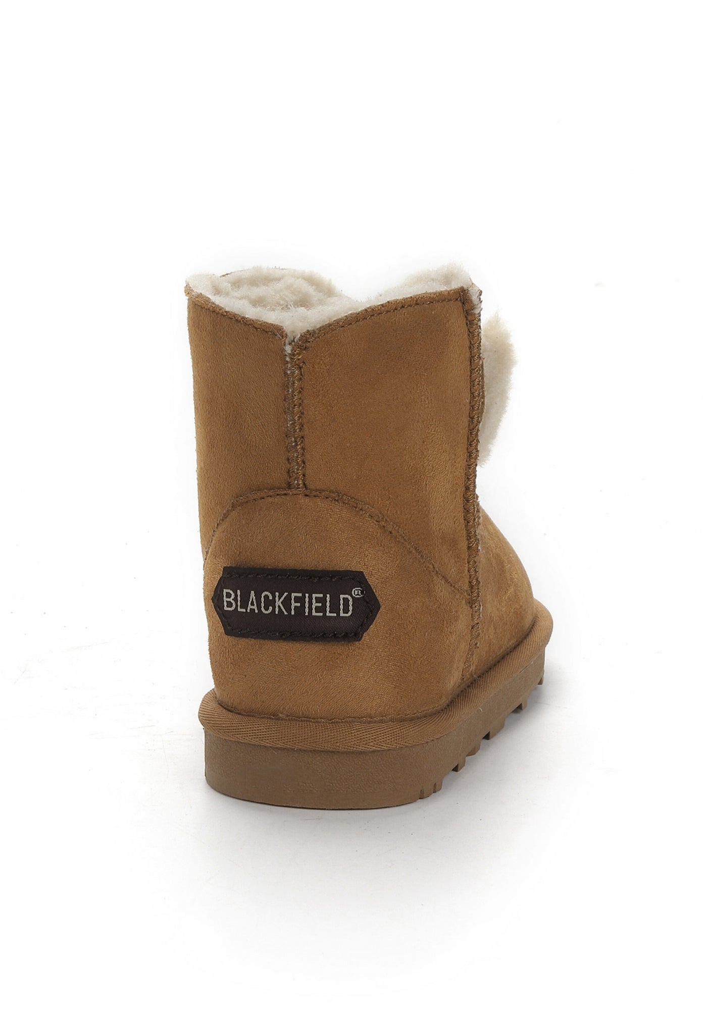 Botte fourrée enfant Must camel vue de dos, étiquette Blackfield sur le talon crantée