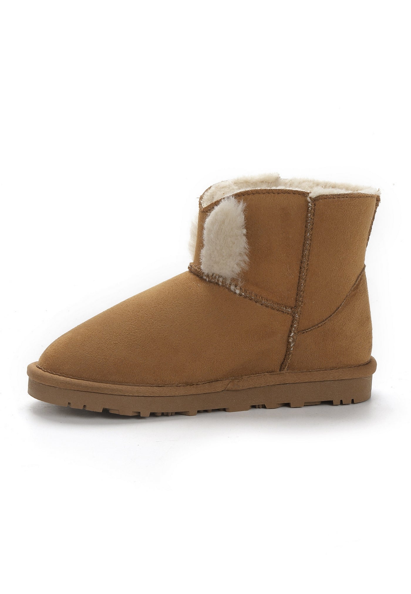 Botte fourrée enfant Must camel vue de l'autre côté, microfibre camel et semelle crantée