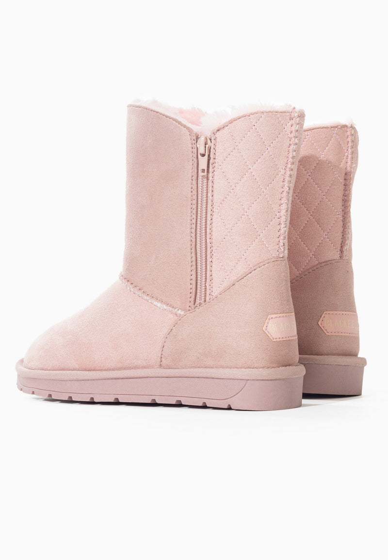 Bottines fourrées Abuela rose vues de dos, losanges matelassés et étiquette au talon