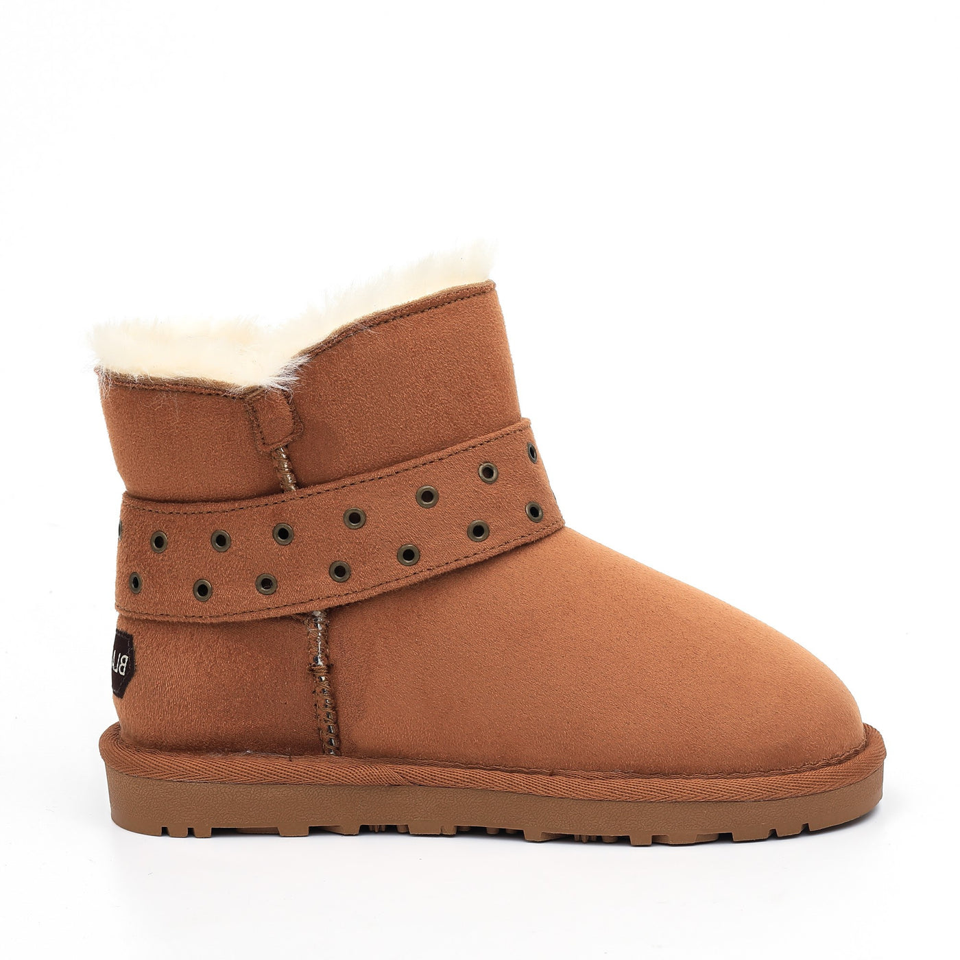Bottine fourrée Brady camel de profil, bride perforée fermée par une boucle latérale