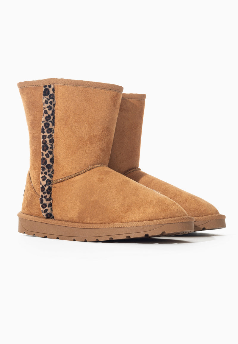 Bottines fourrées Rosyne Leo camel vues de trois-quarts, galons léopard côte à côte