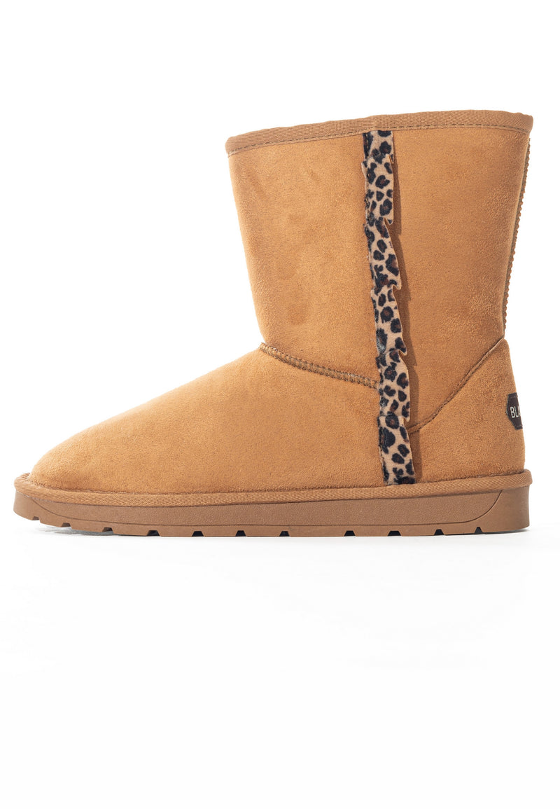 Bottine fourrée Rosyne Leo camel de profil, galon léopard le long de la couture