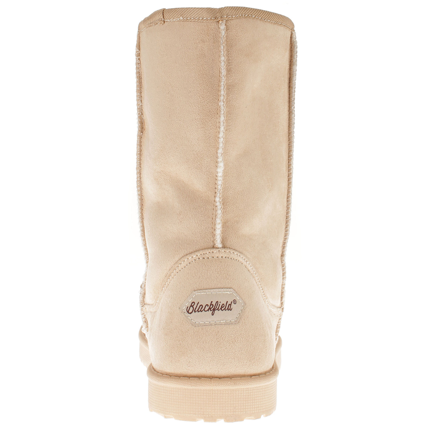 Botte fourrée Joy blanc cassé de dos, écusson Blackfield cursif au bas du talon