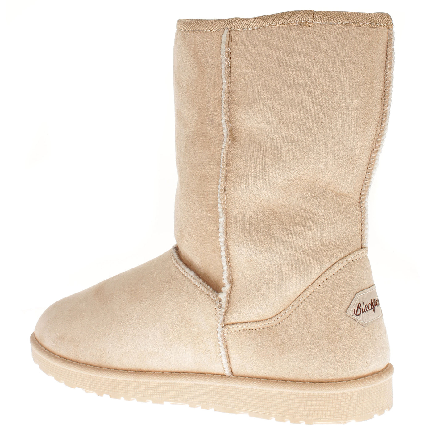 Botte fourrée Joy blanc cassé vue de trois-quarts arrière, écusson visible au talon