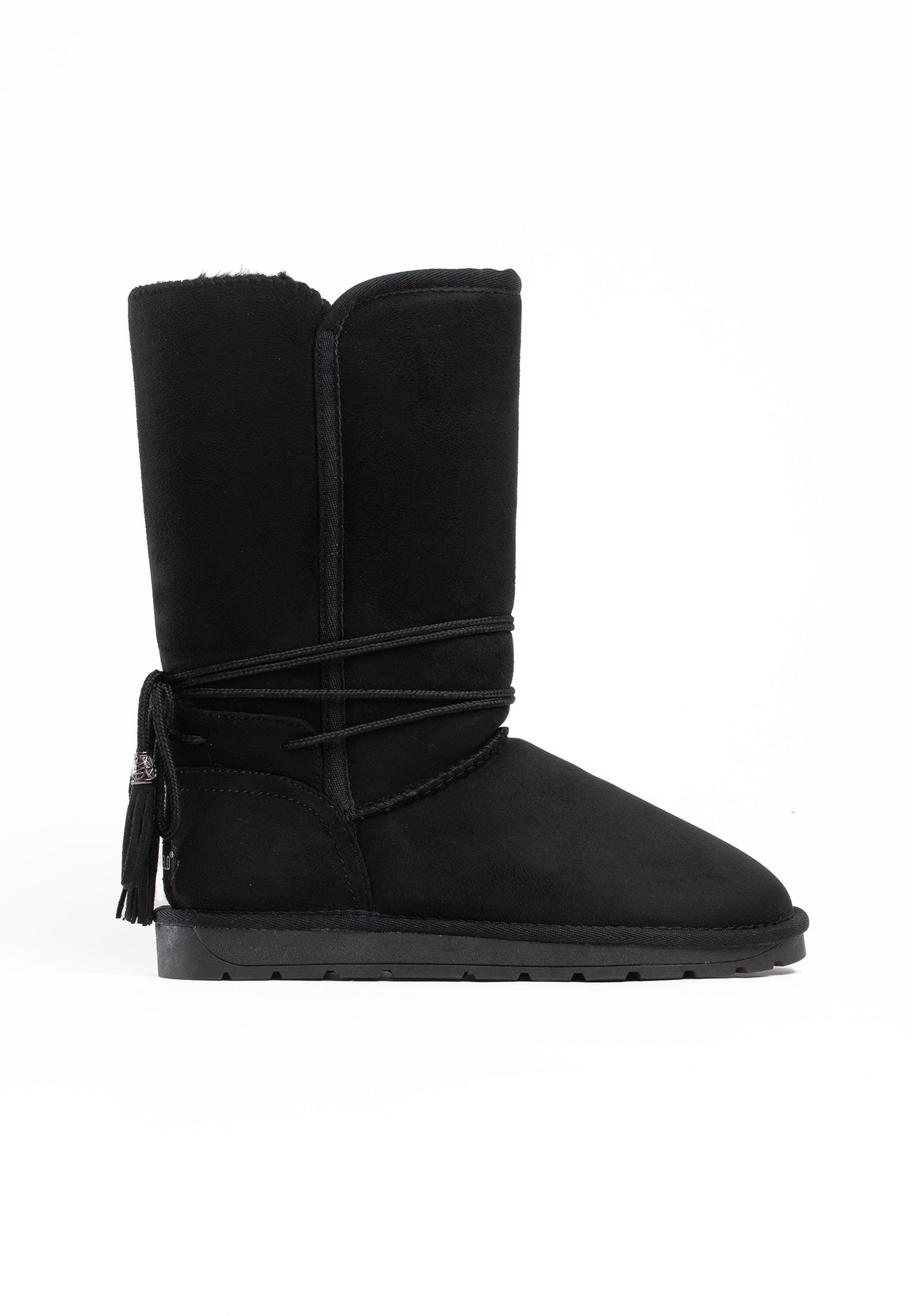 Botte fourrée haute Eowin noire de profil, lacet enroulé et pompon à perle argentée