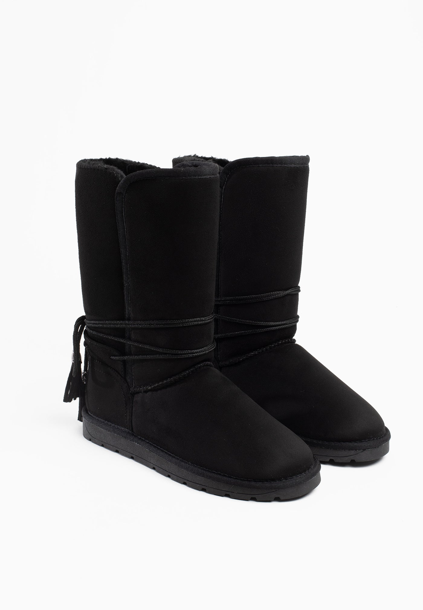 Paire de bottes fourrées hautes Eowin noires de trois-quarts, lacets enroulés sur les tiges