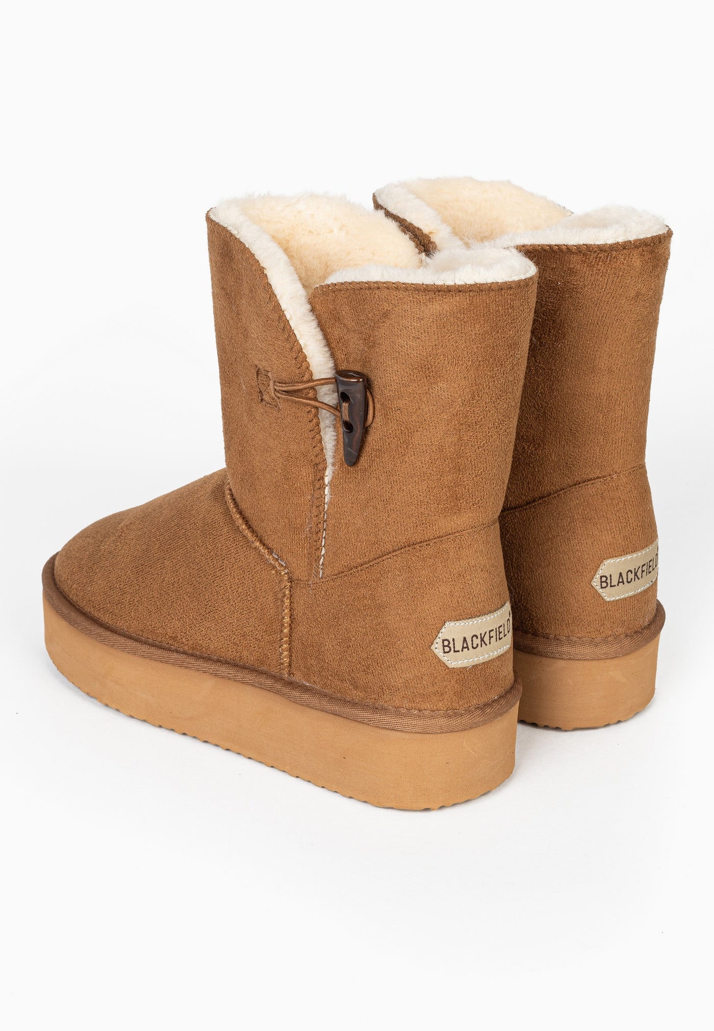 Bottines fourrées Anais camel vues de trois-quarts arrière, cols crème débordants