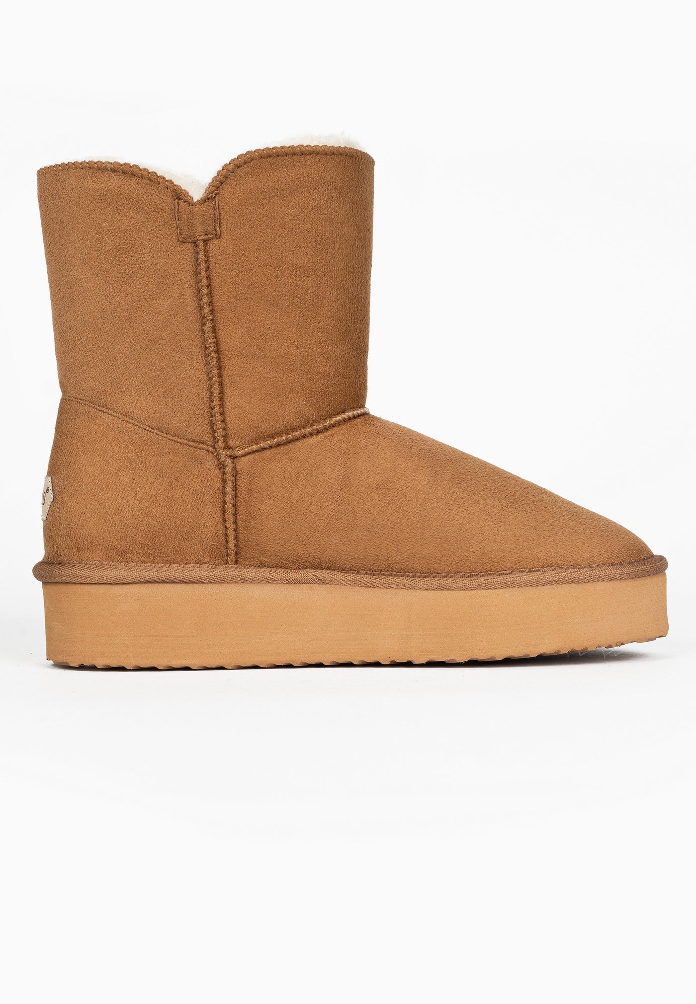 Bottine fourrée Anais camel de profil, autre côté lisse et passant carré au bord