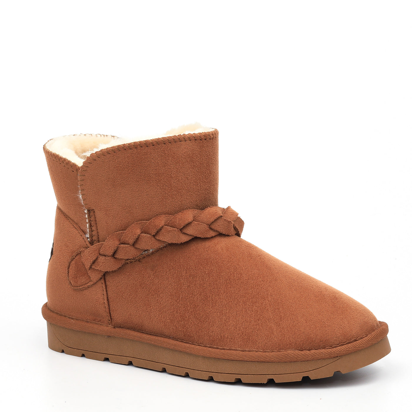 Bottine fourrée Cara camel de profil, tresse de microfibre passée dans un passant