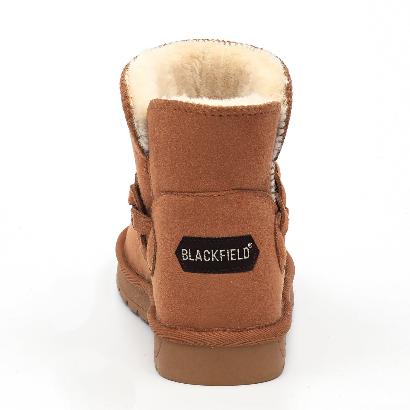 Bottine fourrée Cara camel de dos, étiquette Blackfield noire cousue au talon