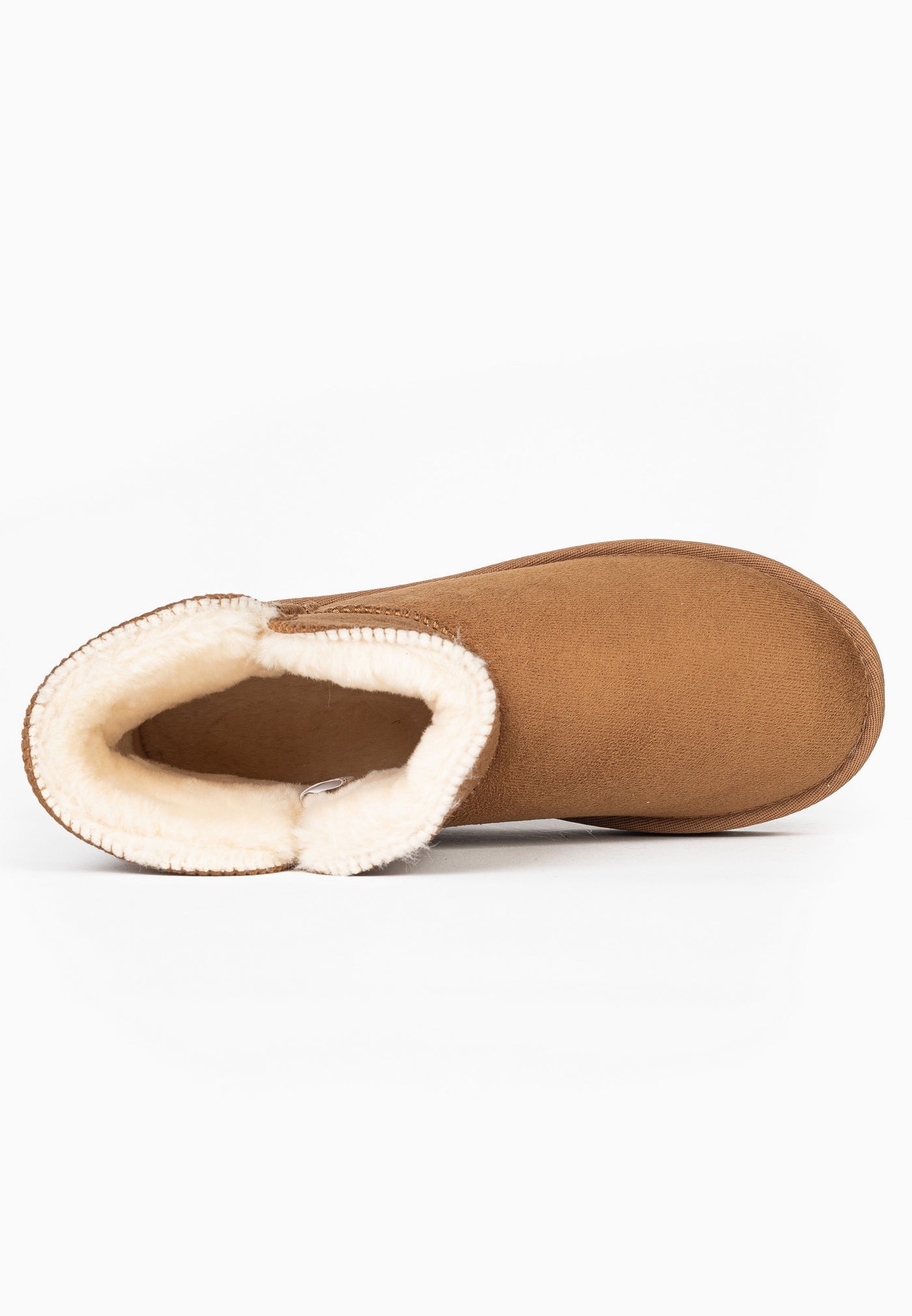 Bottine fourrée Bellevue camel vue de dessus, intérieur crème et col échancré