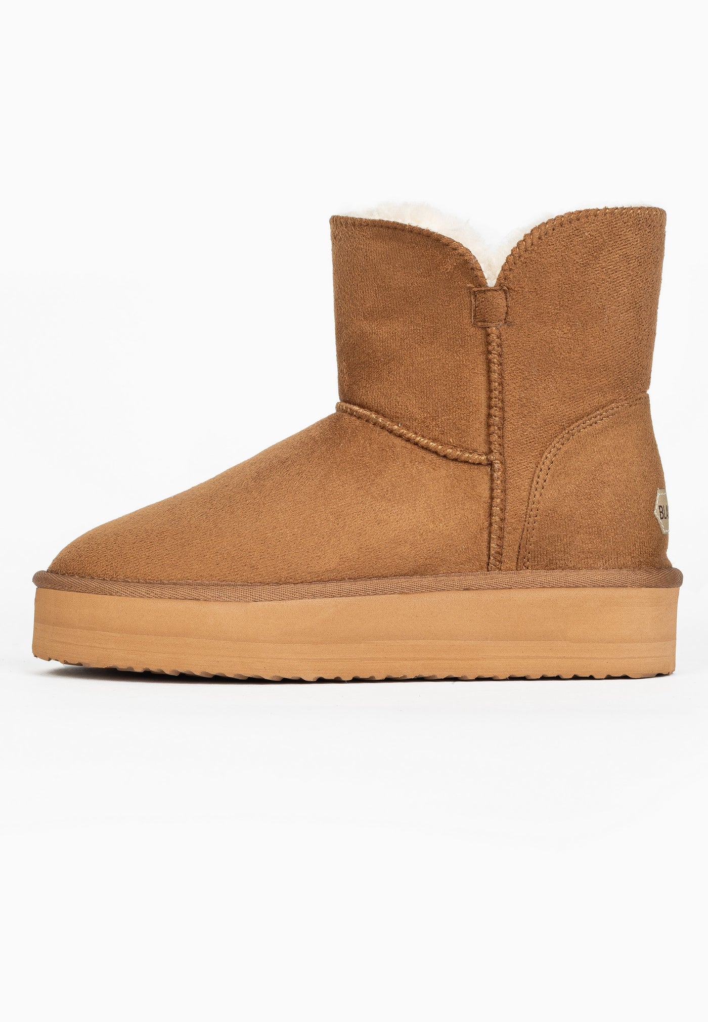Bottine fourrée Bellevue camel de profil gauche, plateforme caramel bien nette