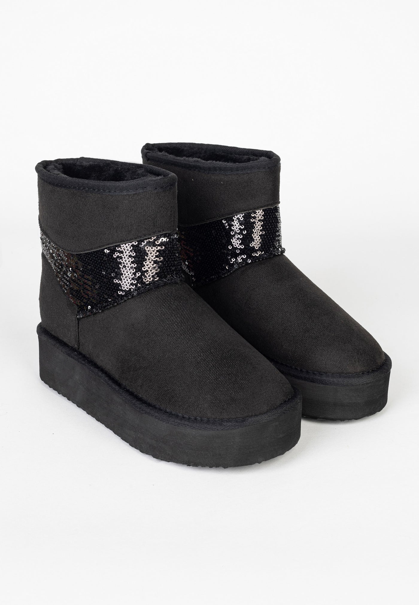 Paire de bottines fourrées Garthage noires de trois-quarts, bandeaux de sequins en chevron