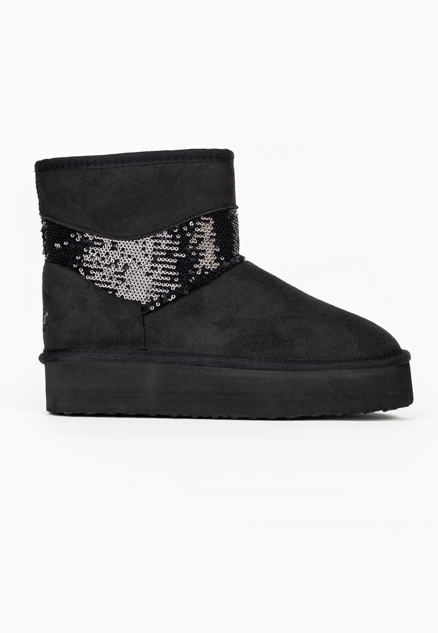 Bottine fourrée Garthage noire vue de dessus en biais, chevron de sequins sur la tige