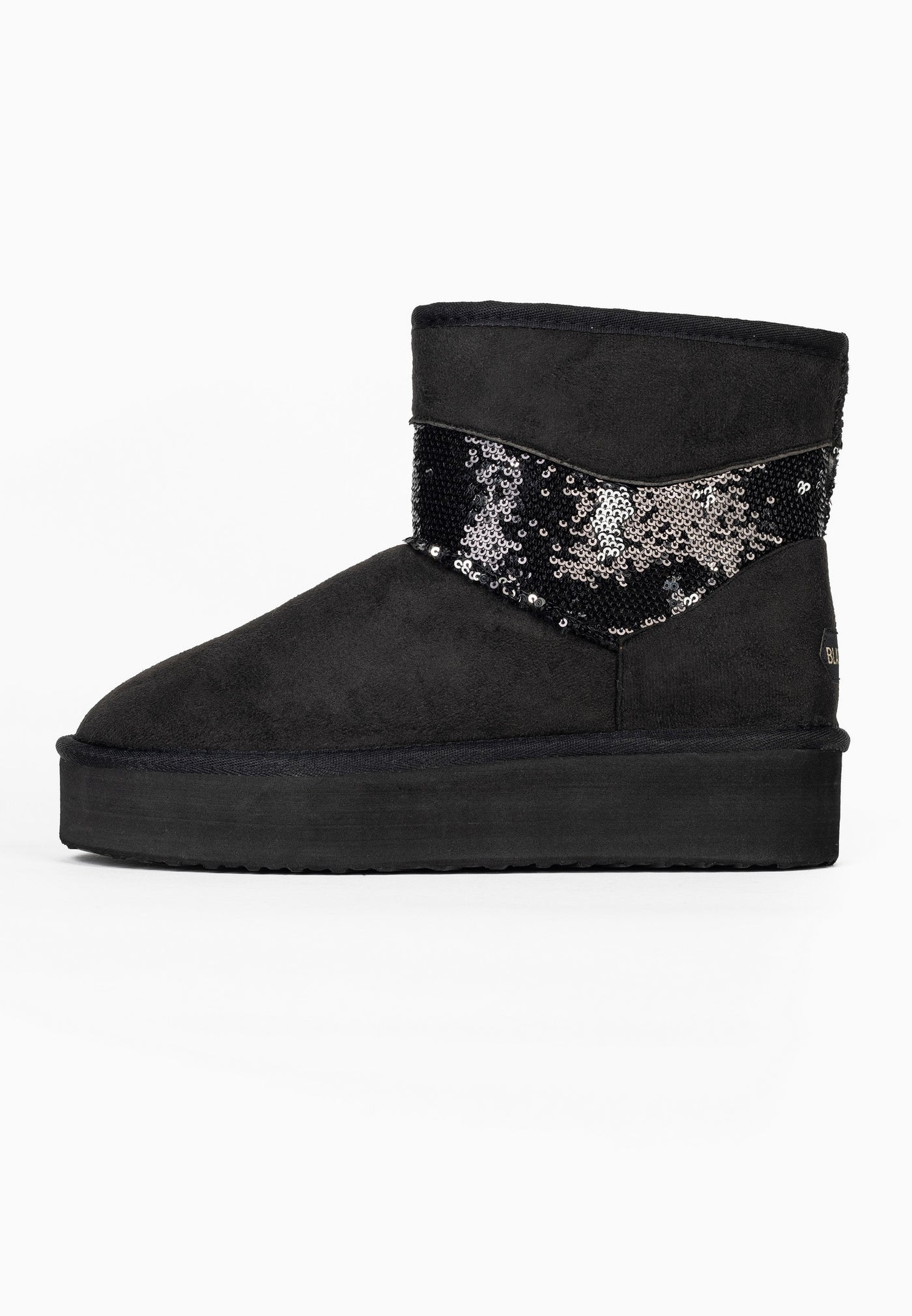 Bottine fourrée Garthage noire de profil, bandeau de sequins noir et argent sur la tige