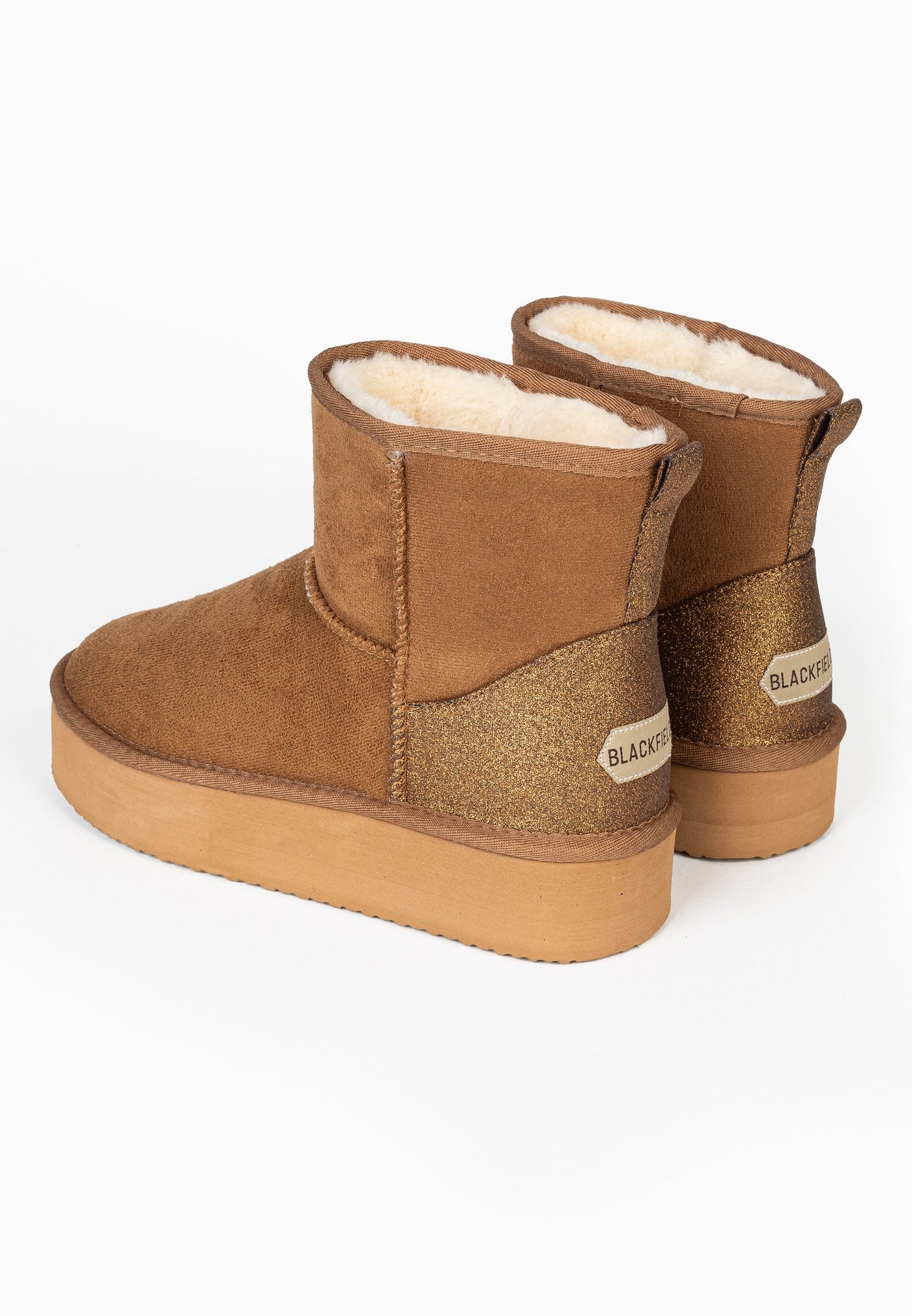 Bottines fourrées Casablanca camel de dos en biais, contreforts pailletés dorés