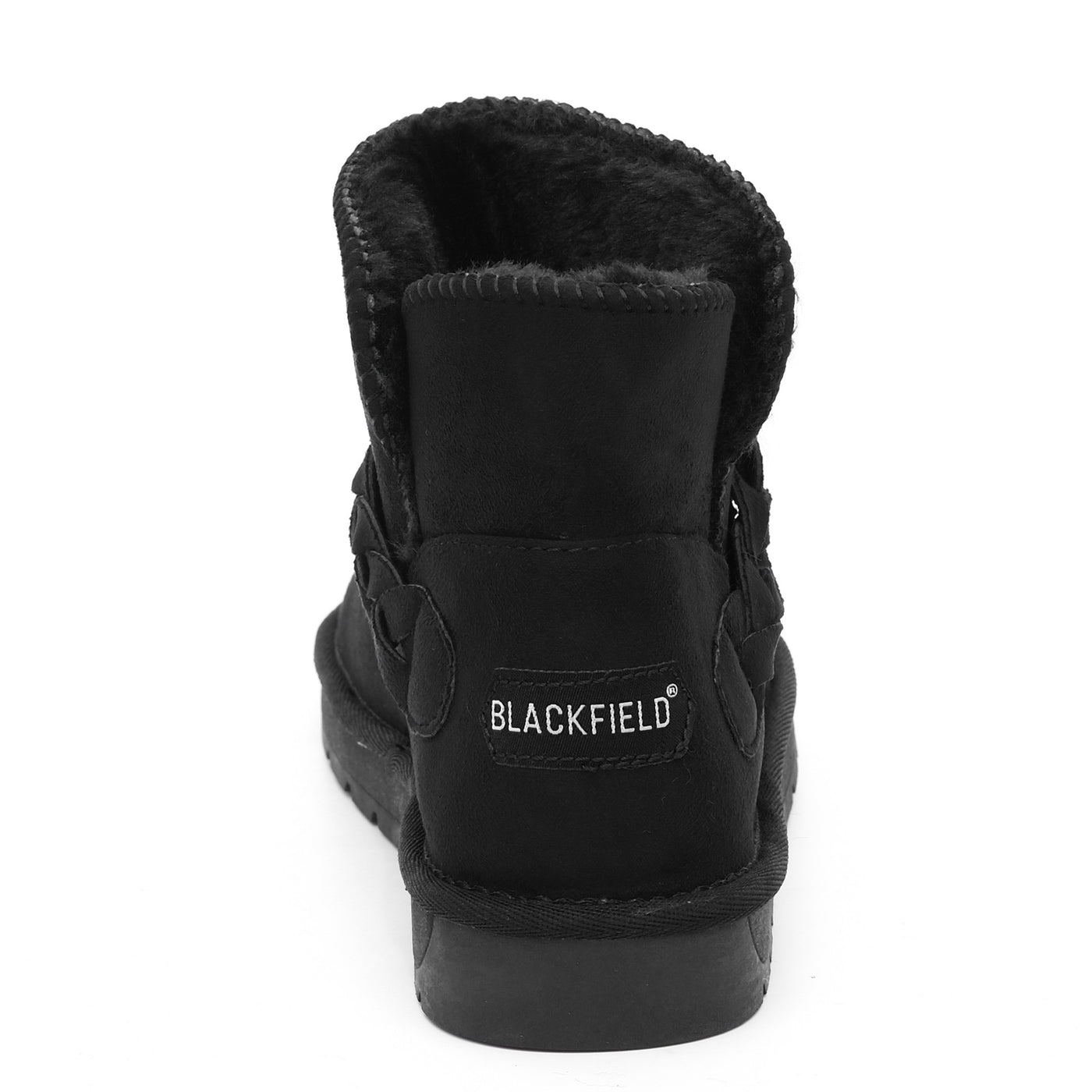 Bottine fourrée Cara noire vue de dos, tresse nouée et étiquette Blackfield au talon