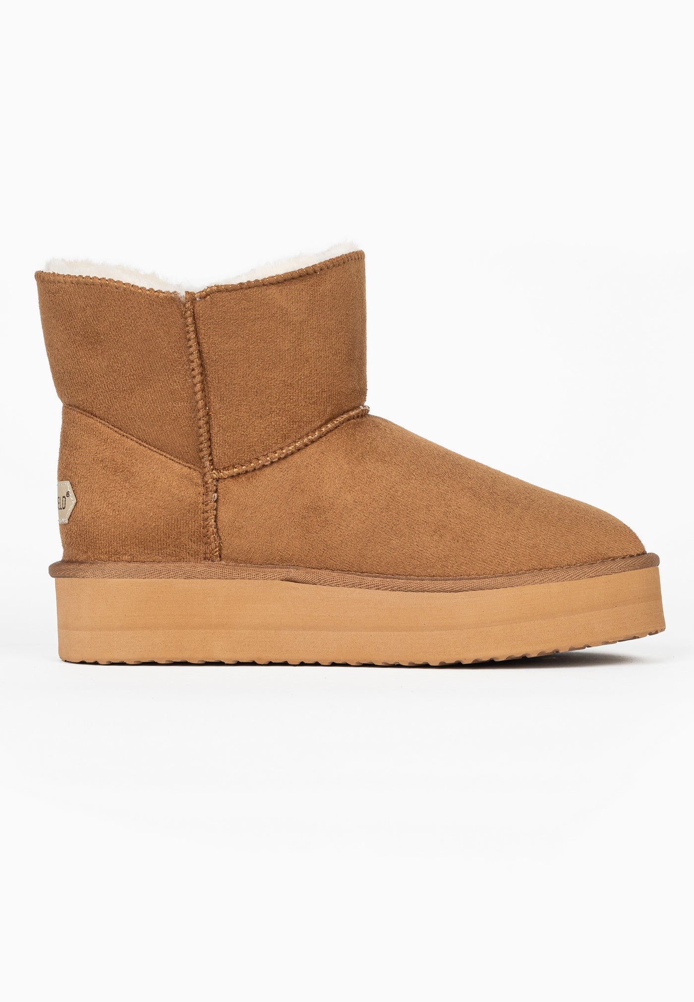Bottine fourrée Cayuga camel de profil intérieur, plateforme camel sur la longueur