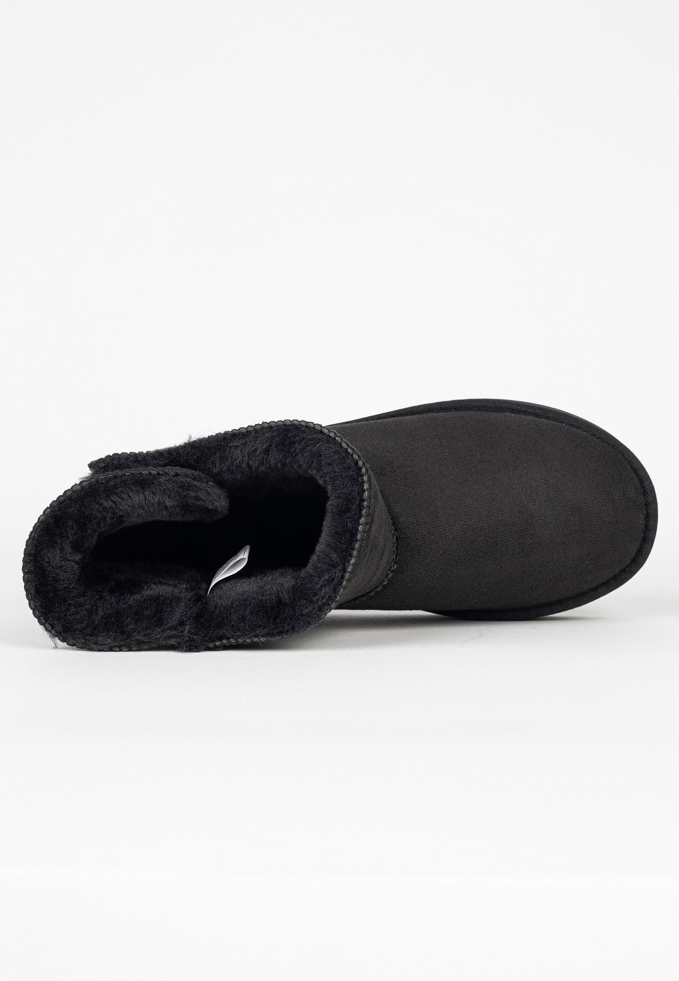 Bottine fourrée Cayuga noire couchée, ouverture de près sur la doublure sombre