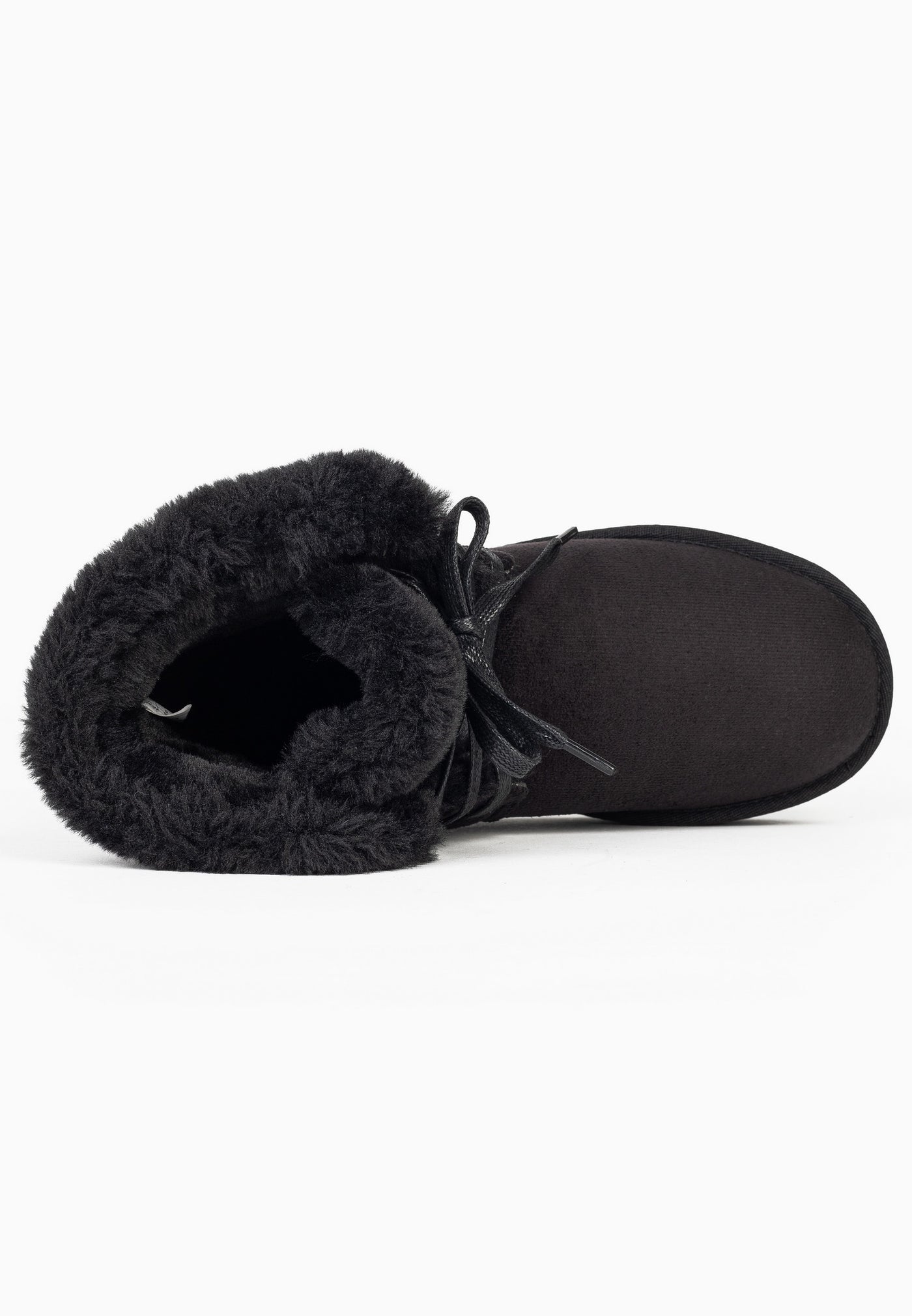 Bottine fourrée Celia noire couchée, ouverture de près sur la doublure sombre